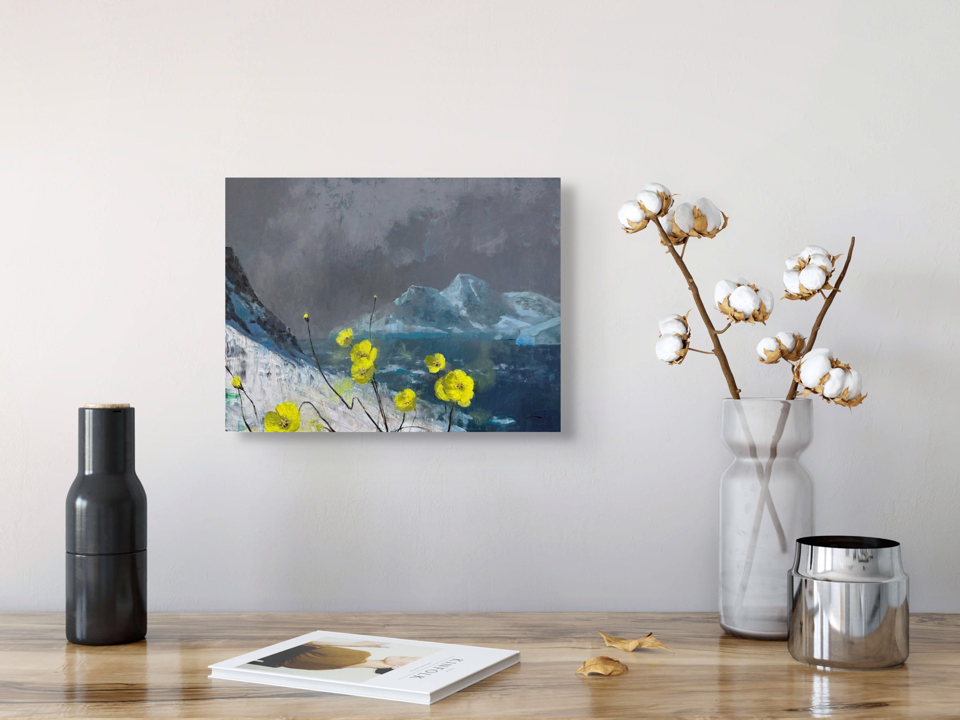 A dramatic landscape painting featuring bright yellow poppies against a dark, moody backdrop of snow-capped mountains.