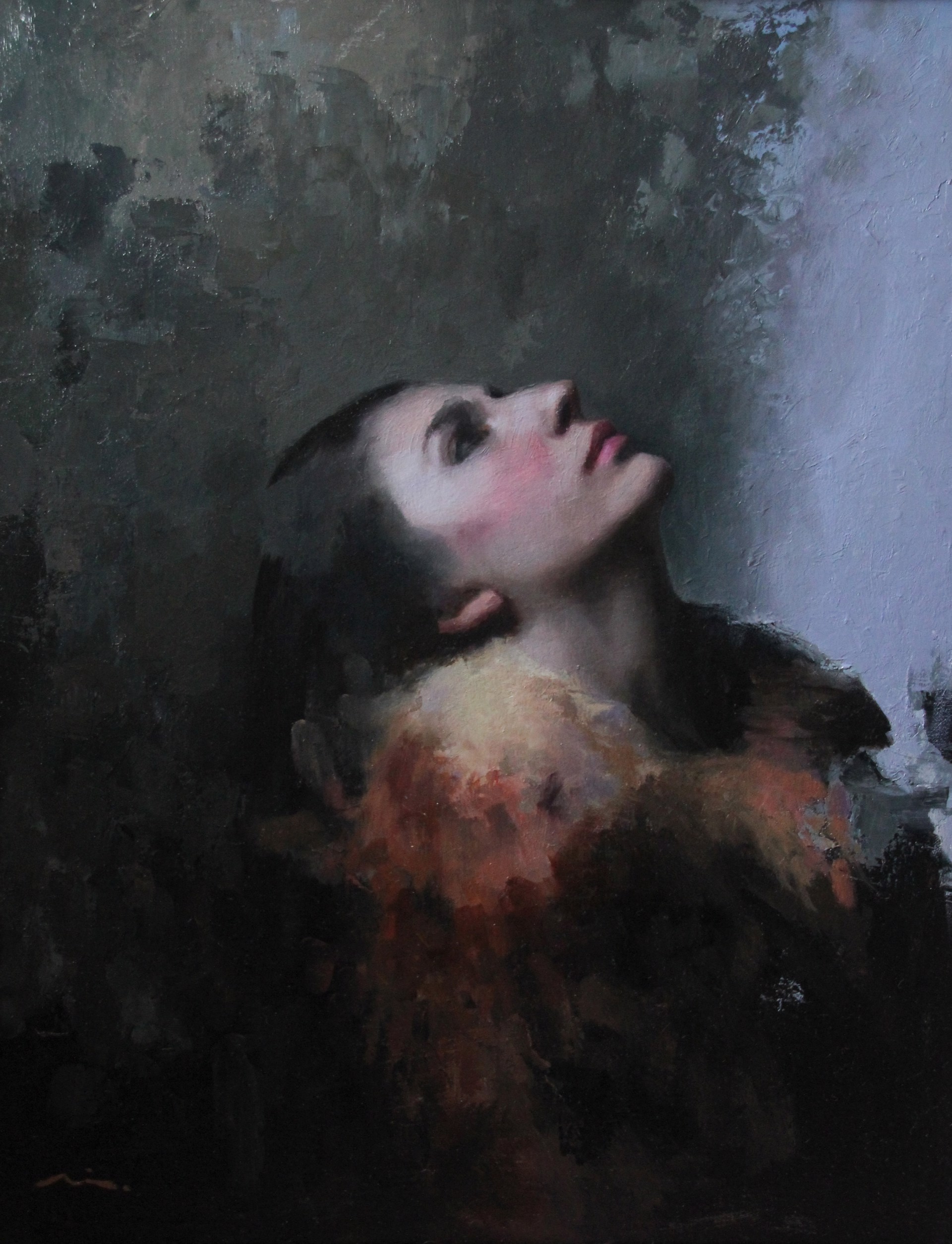 A portrait of a figure in a fur coat gazing upward against a dark, textured background.