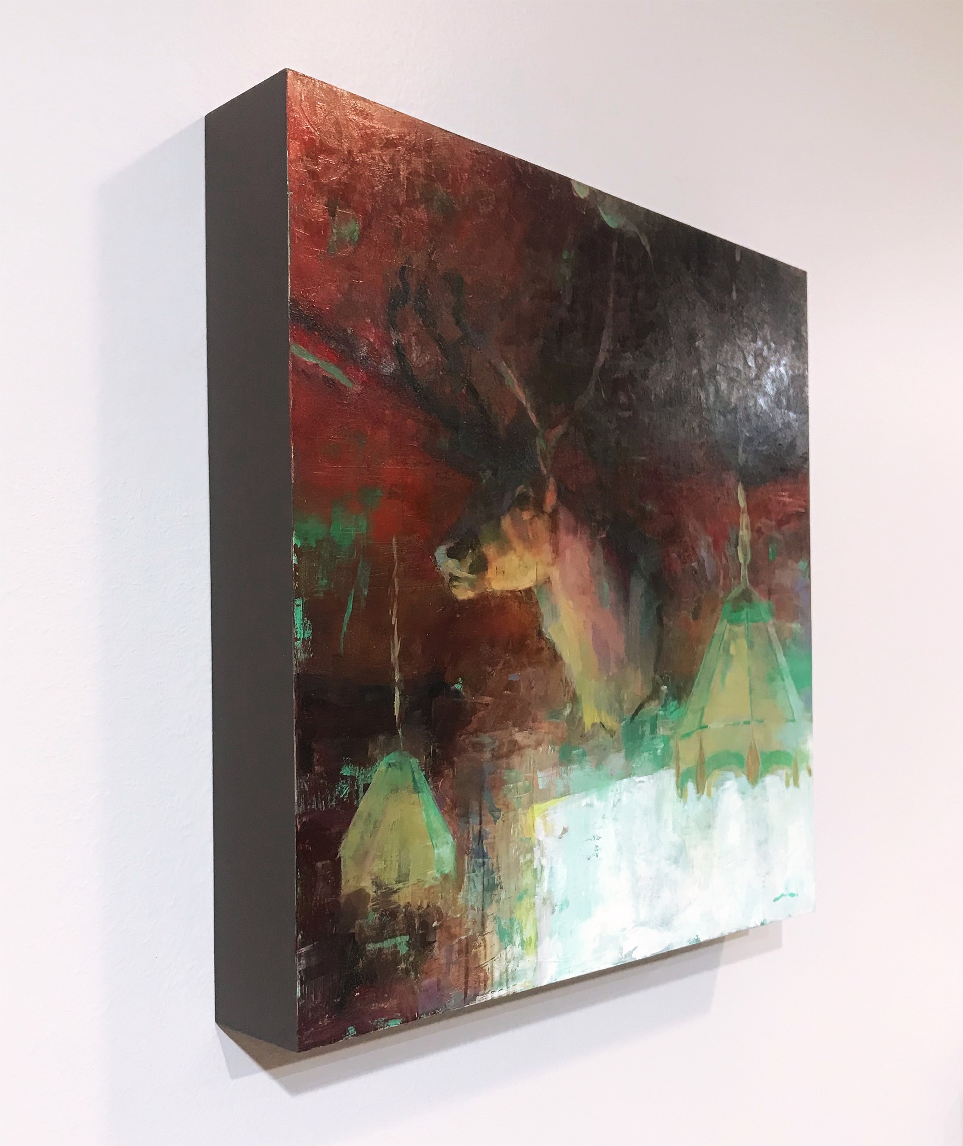 A painting of a deer in a room with a red background.