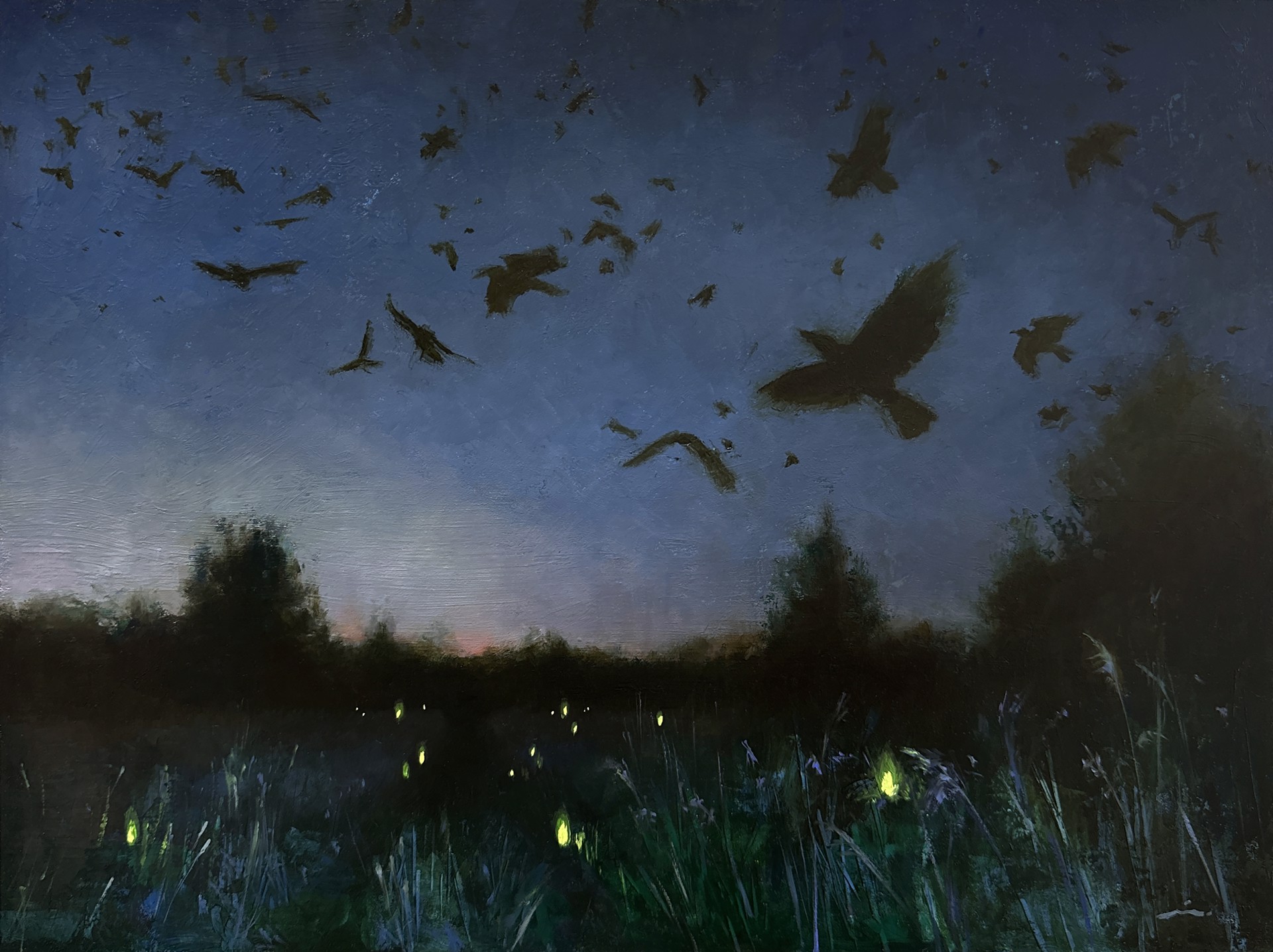 A painting of a flock of birds flying over a field.