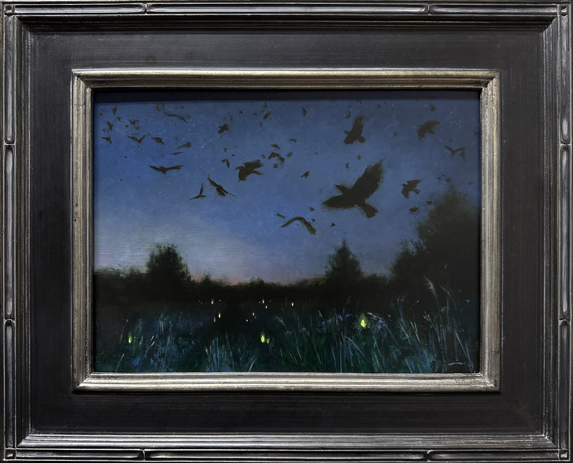 A painting of a flock of birds flying over a field.