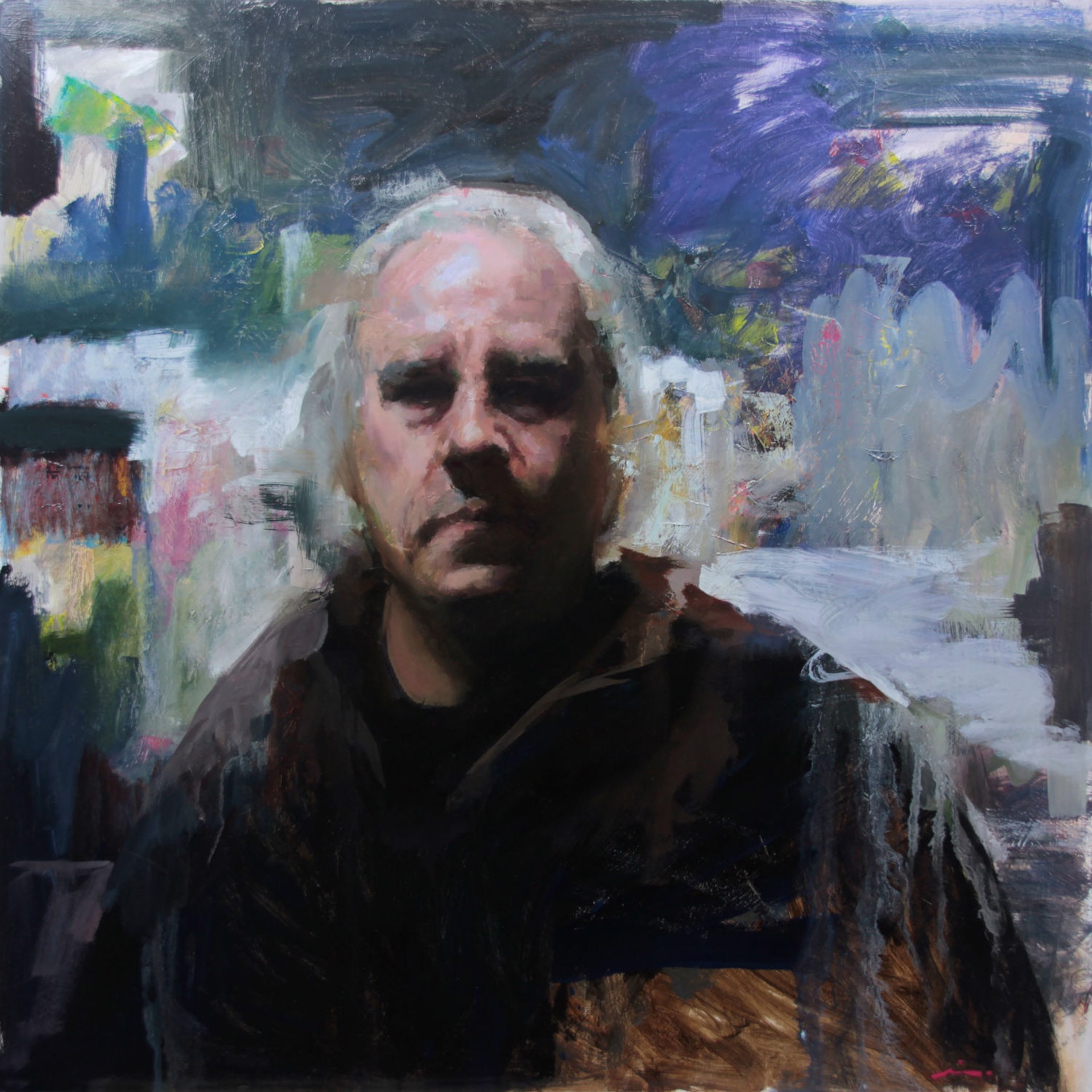 A painting of a man in a black shirt.