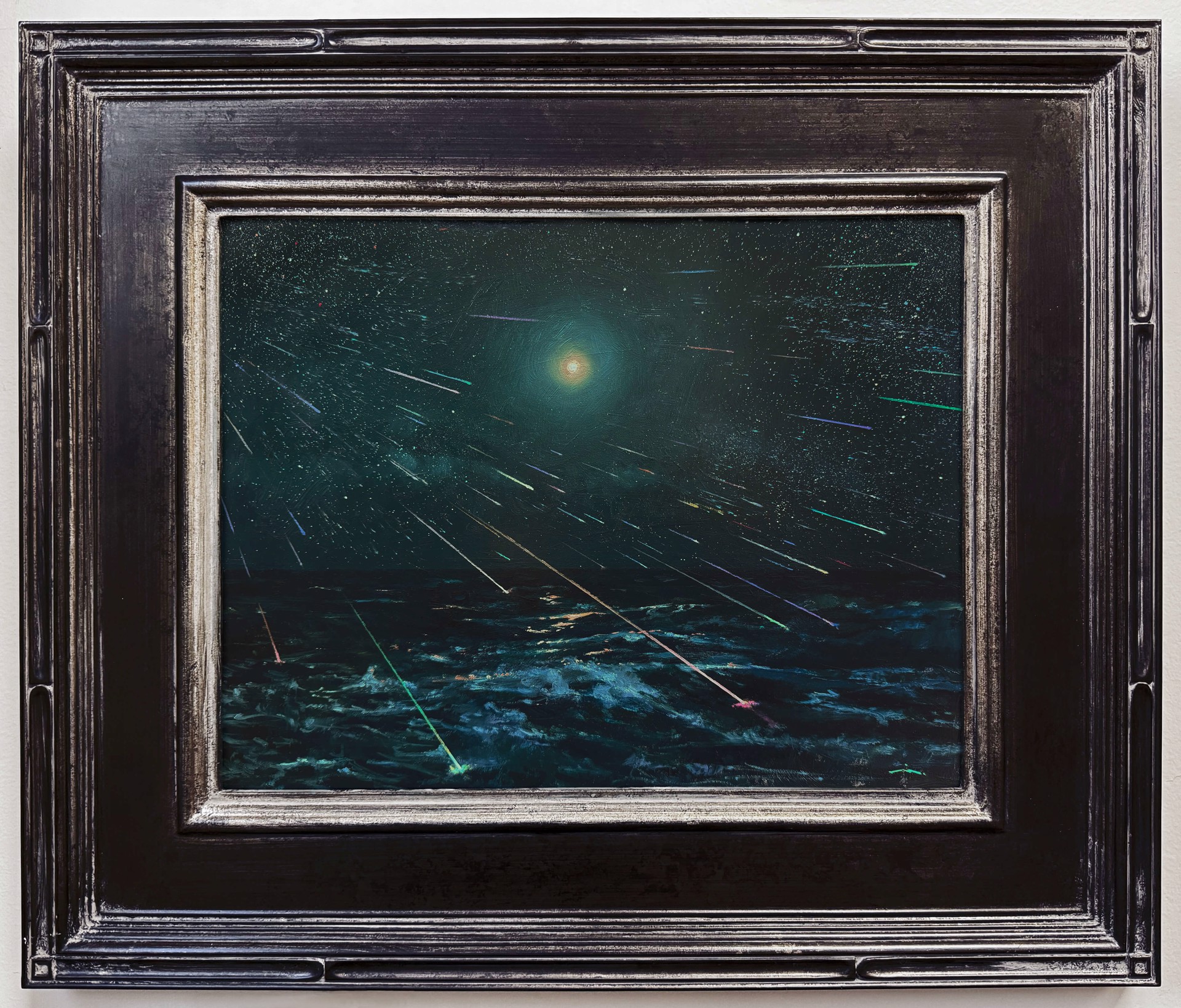 A painting of a night sky filled with stars over the ocean.
