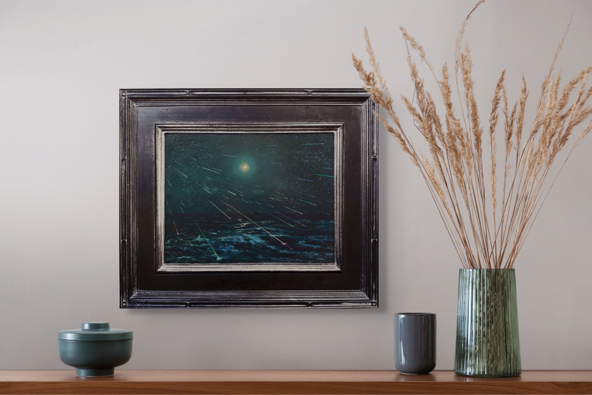 A painting of a night sky filled with stars over the ocean.