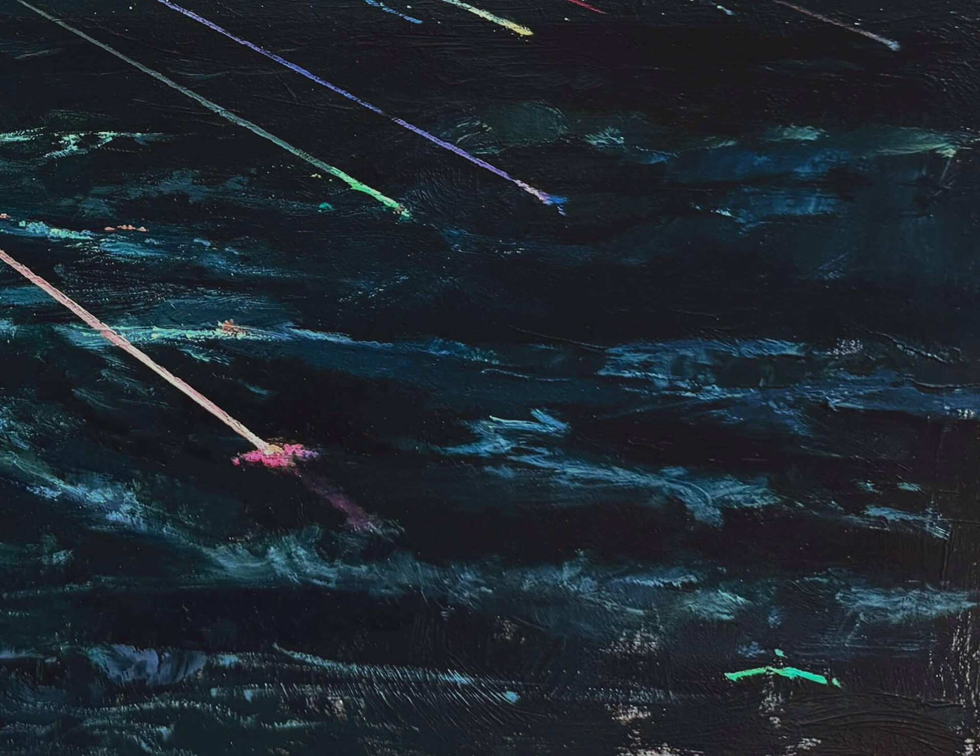 A painting of a night sky filled with stars over the ocean.