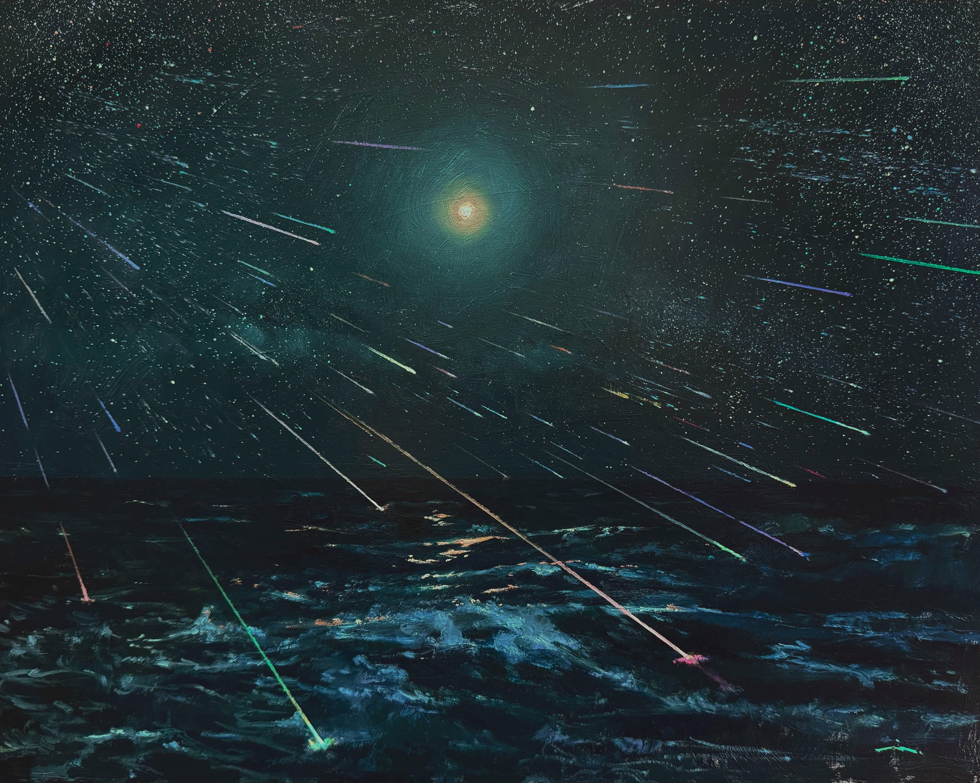 A painting of a night sky filled with stars over the ocean.