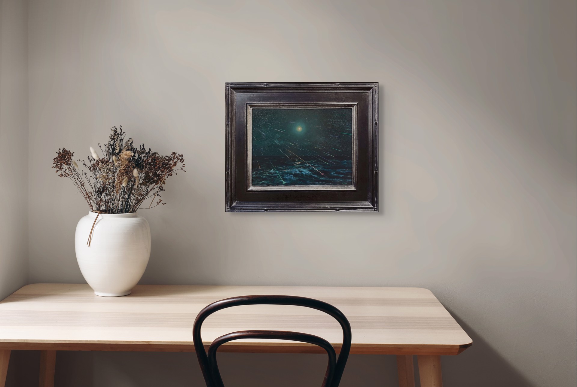 A painting of a night sky filled with stars over the ocean.