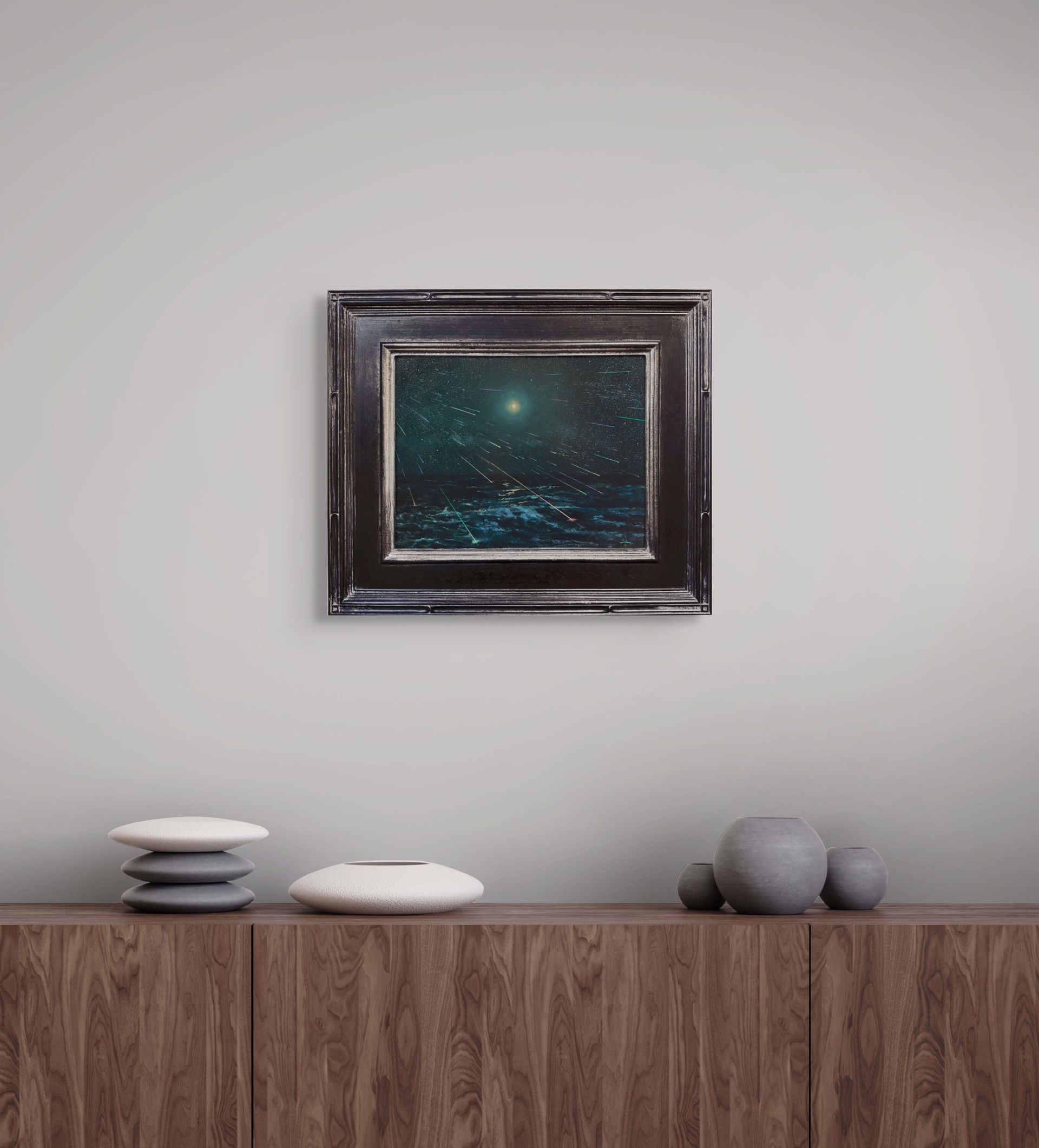 A painting of a night sky filled with stars over the ocean.