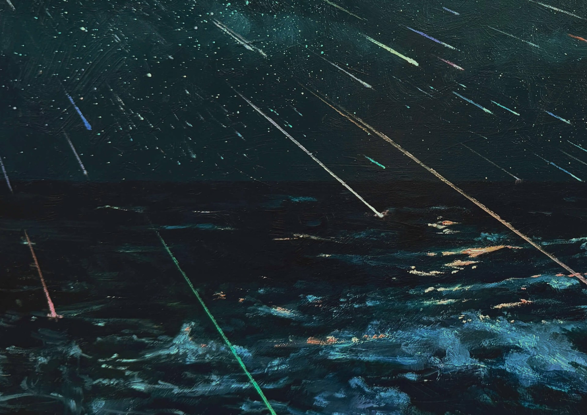 A painting of a night sky filled with stars over the ocean.
