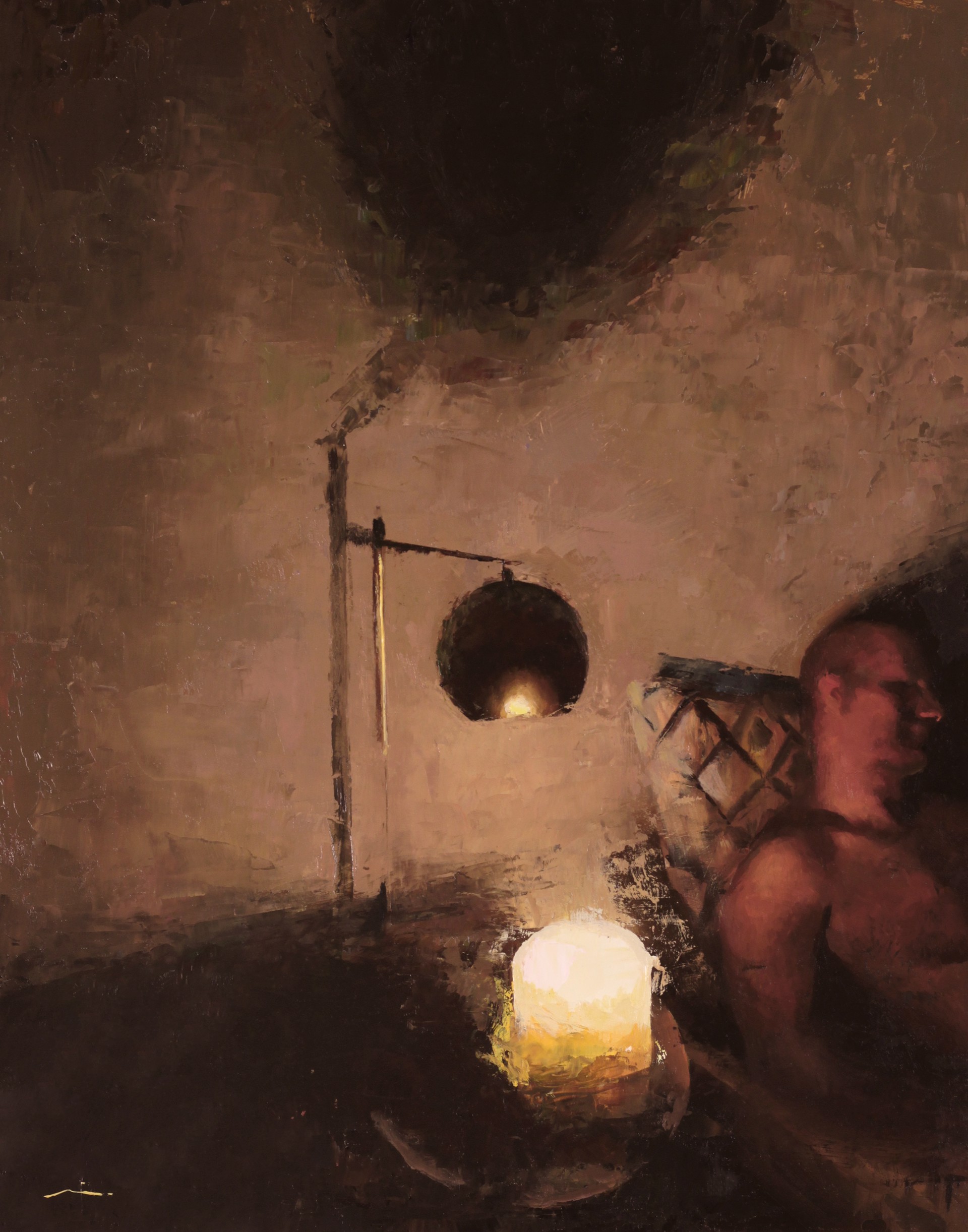 A painting of a man sitting in a room with a lamp.