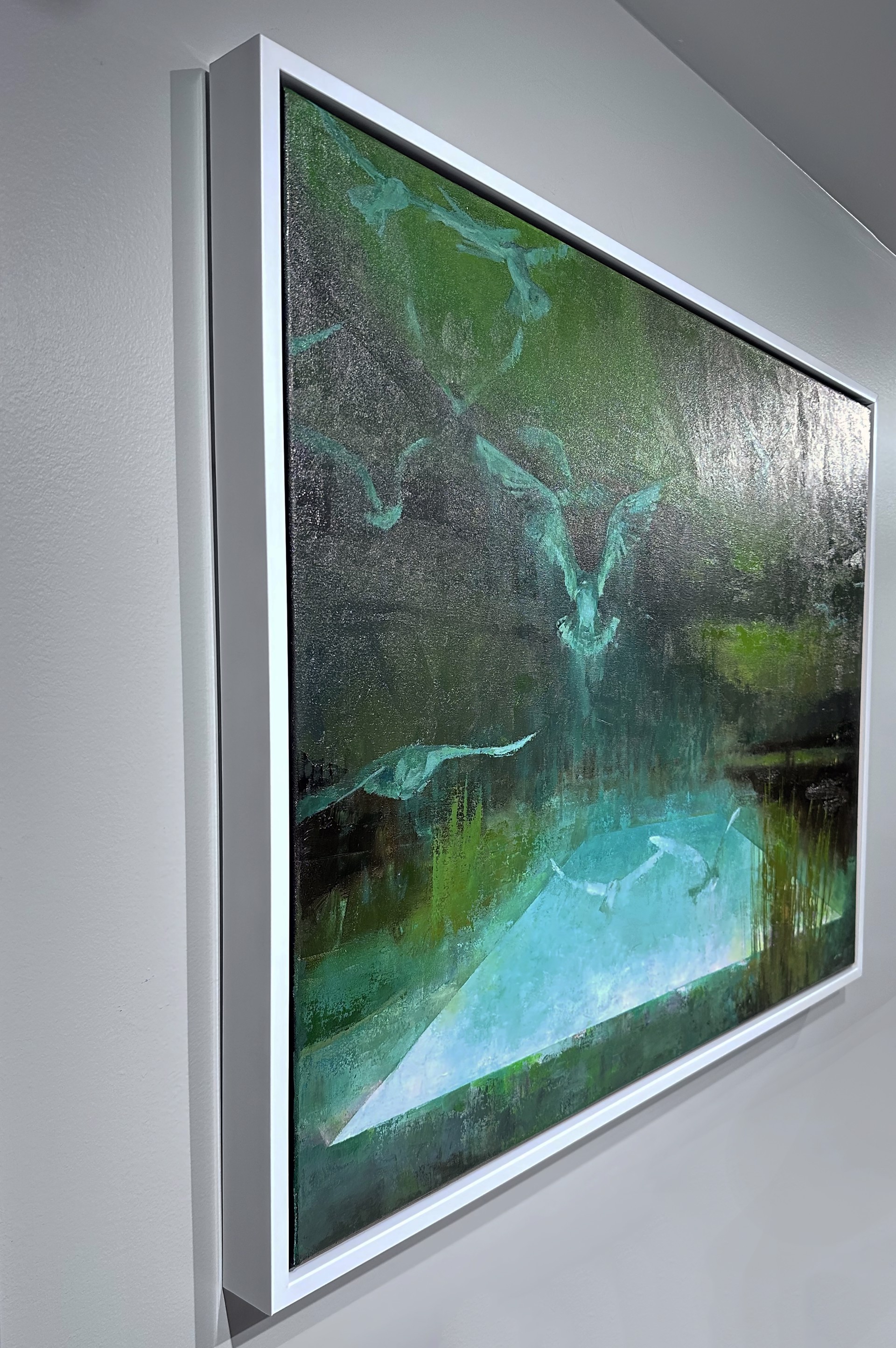 A painting of birds flying over a body of water.