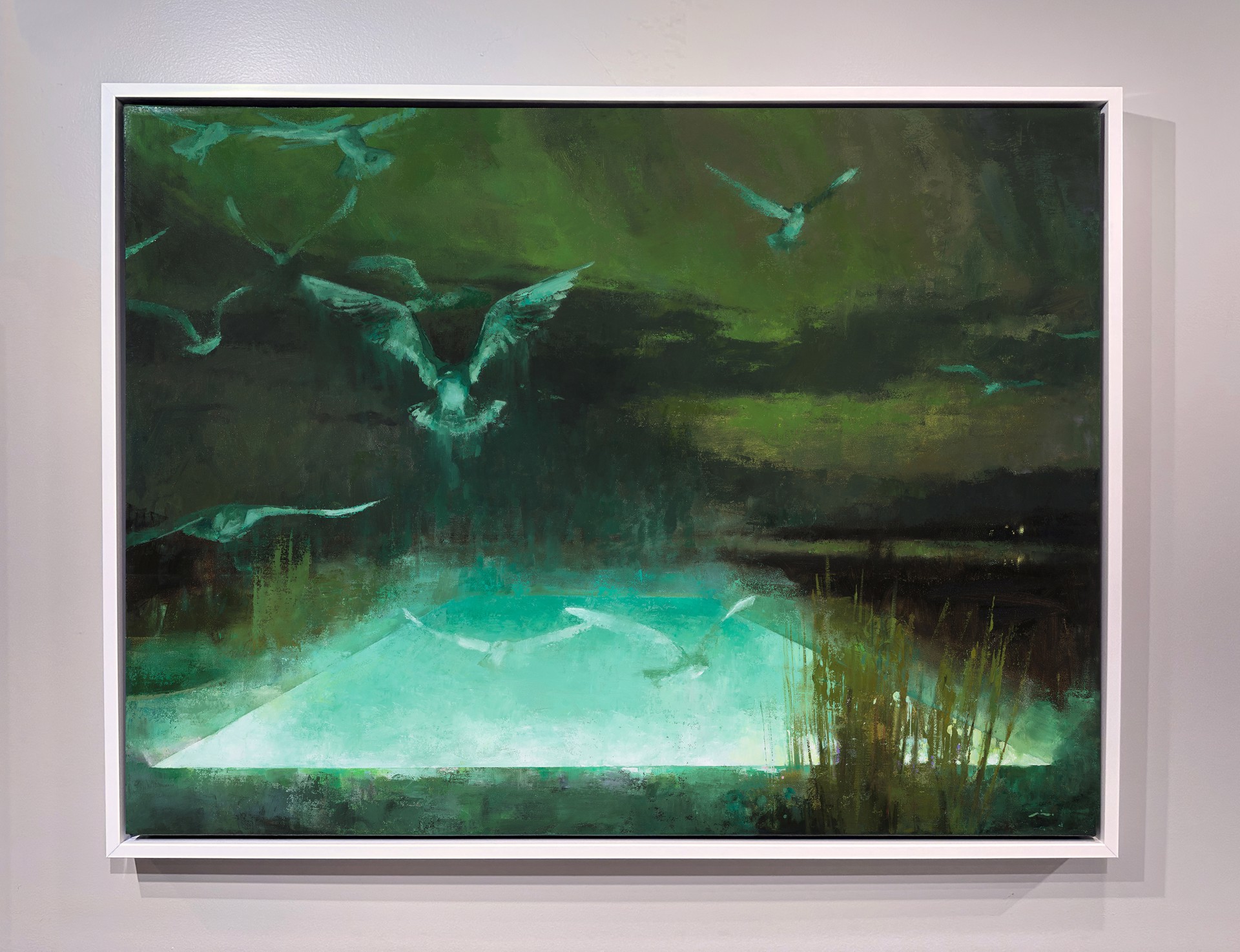 A painting of birds flying over a body of water.