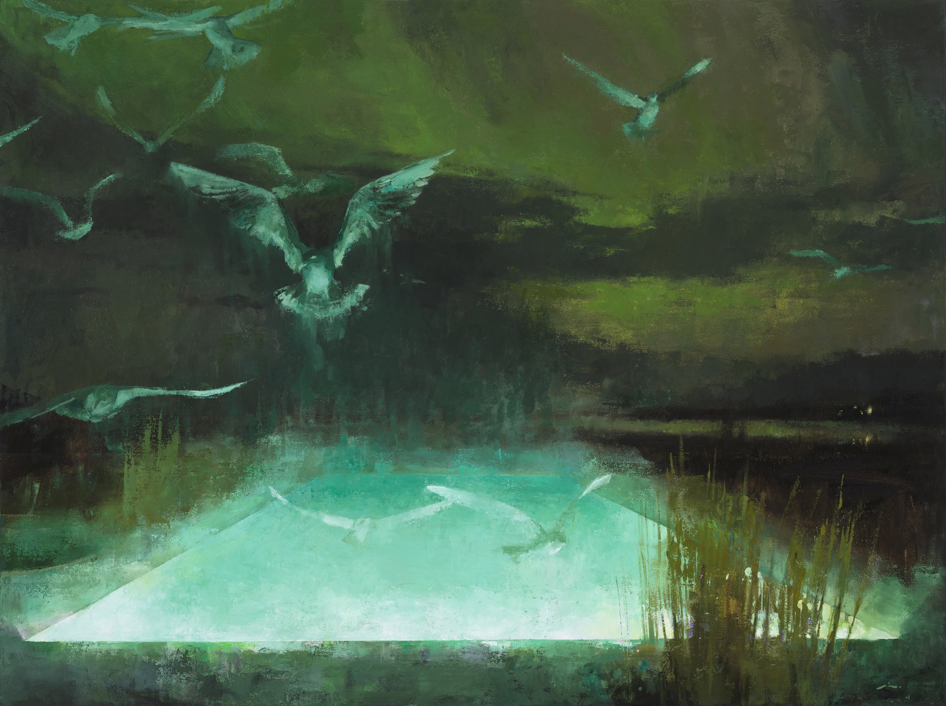 A painting of birds flying over a body of water.