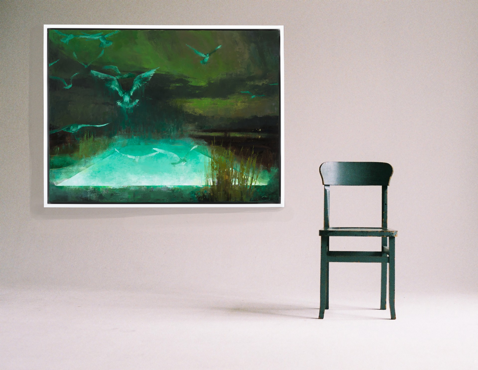 A painting of birds flying over a body of water.