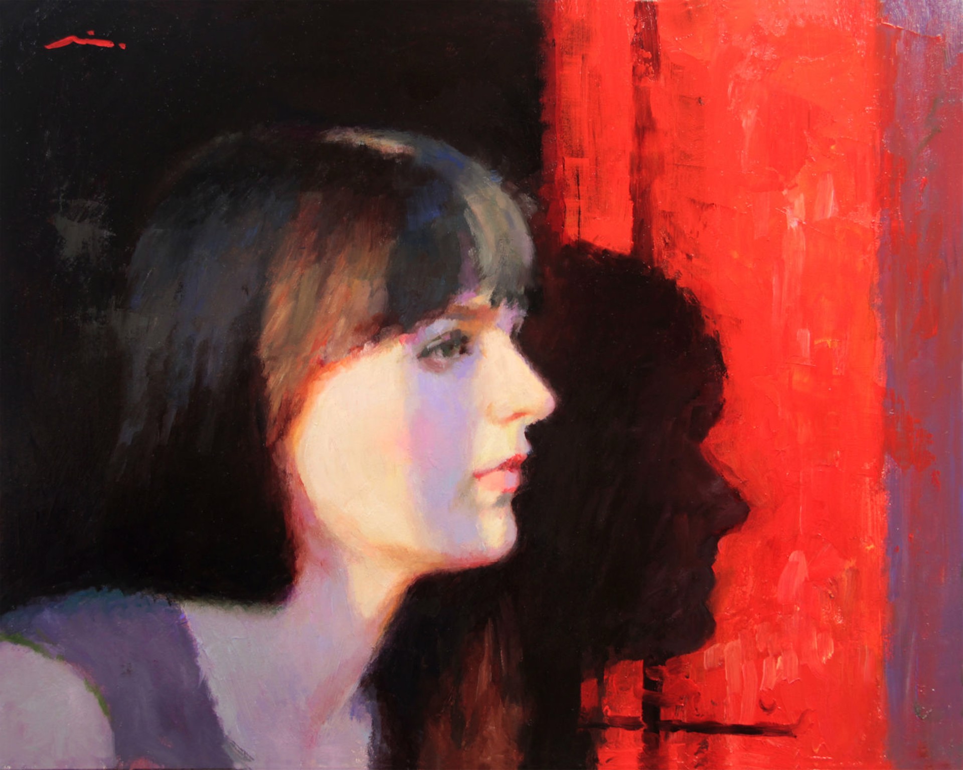 A painting of a woman looking out of a window.