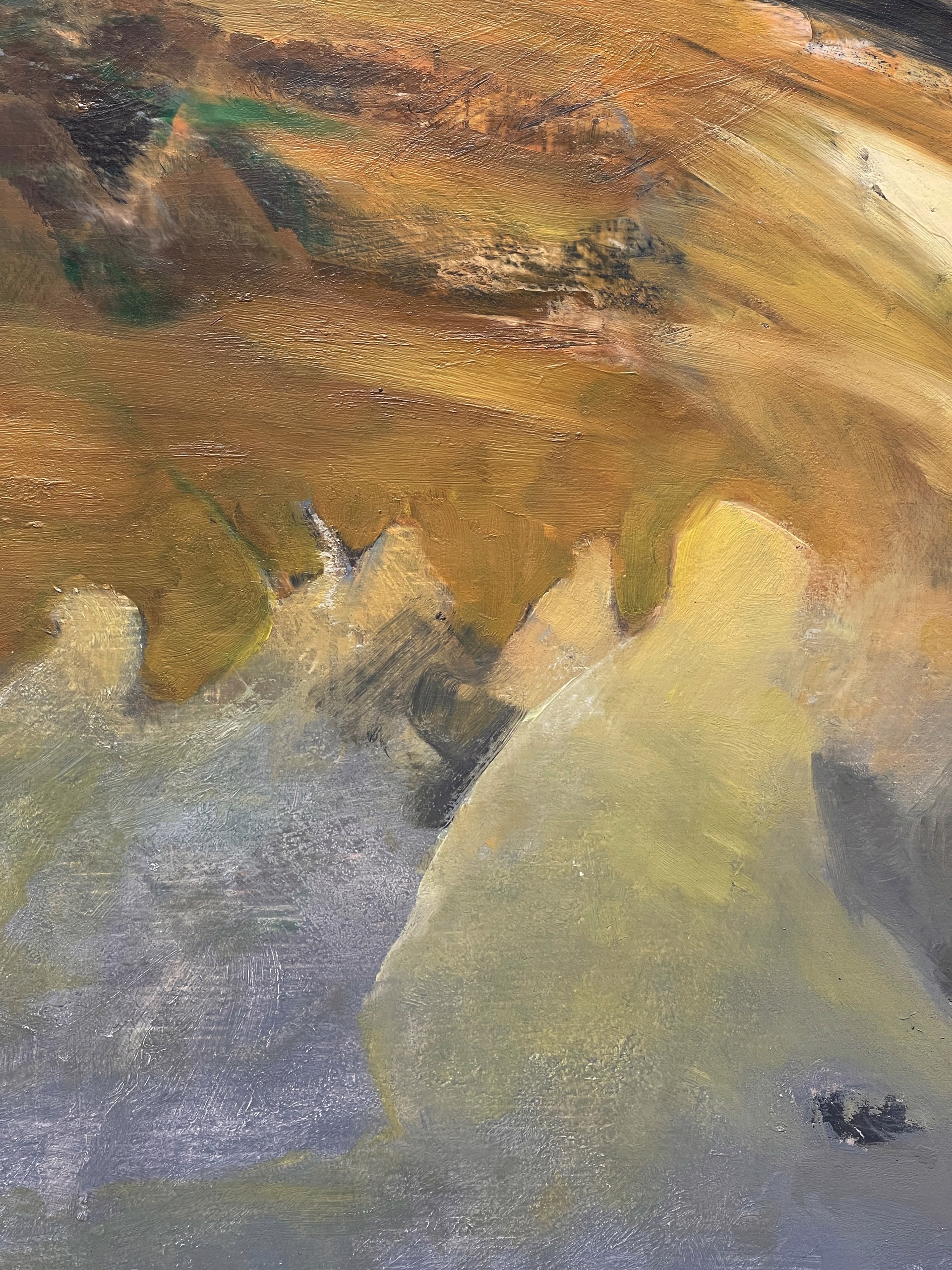 A painting of a horse running through a field of grass.
