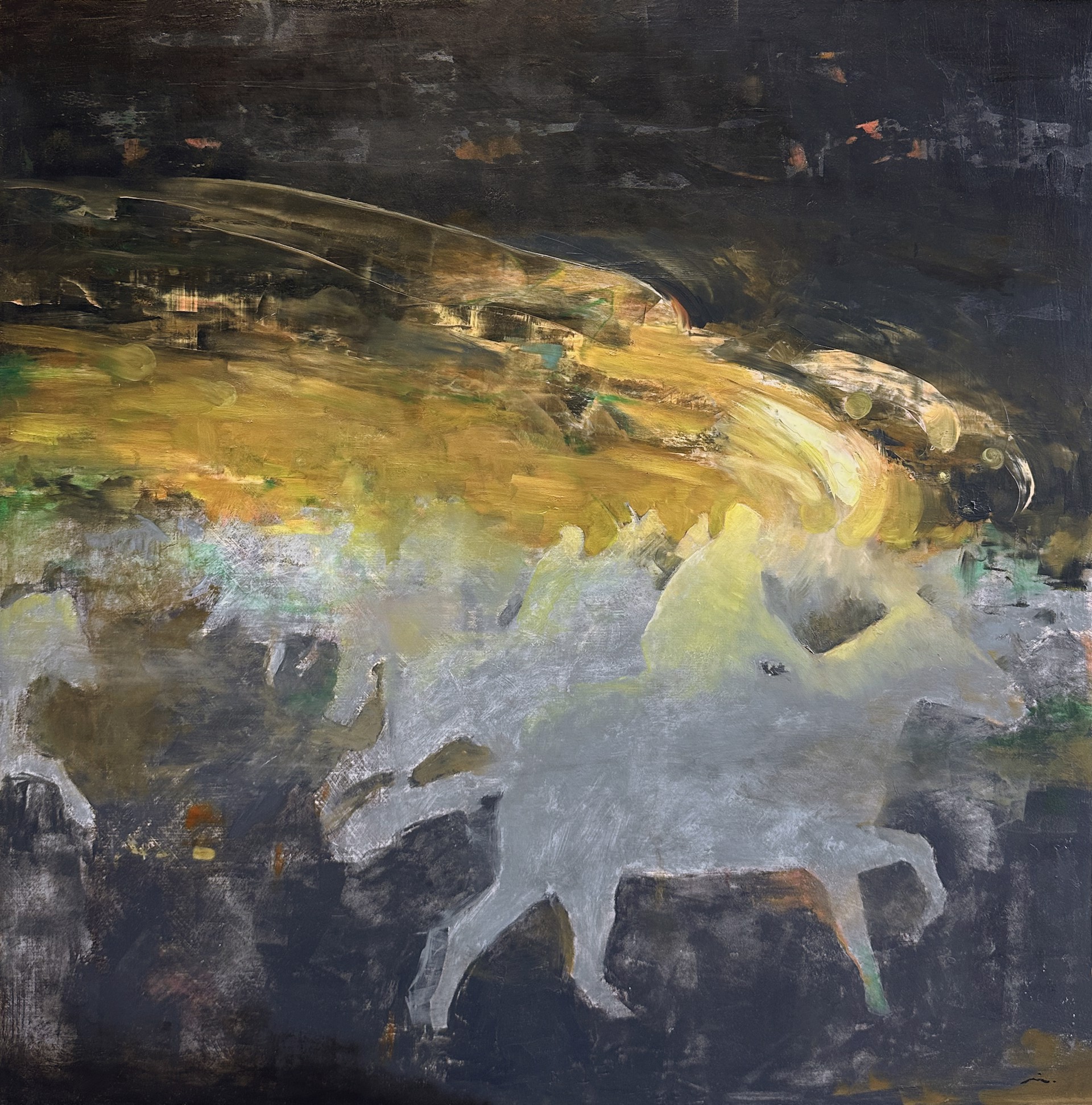 A painting of a horse running through a field of grass.