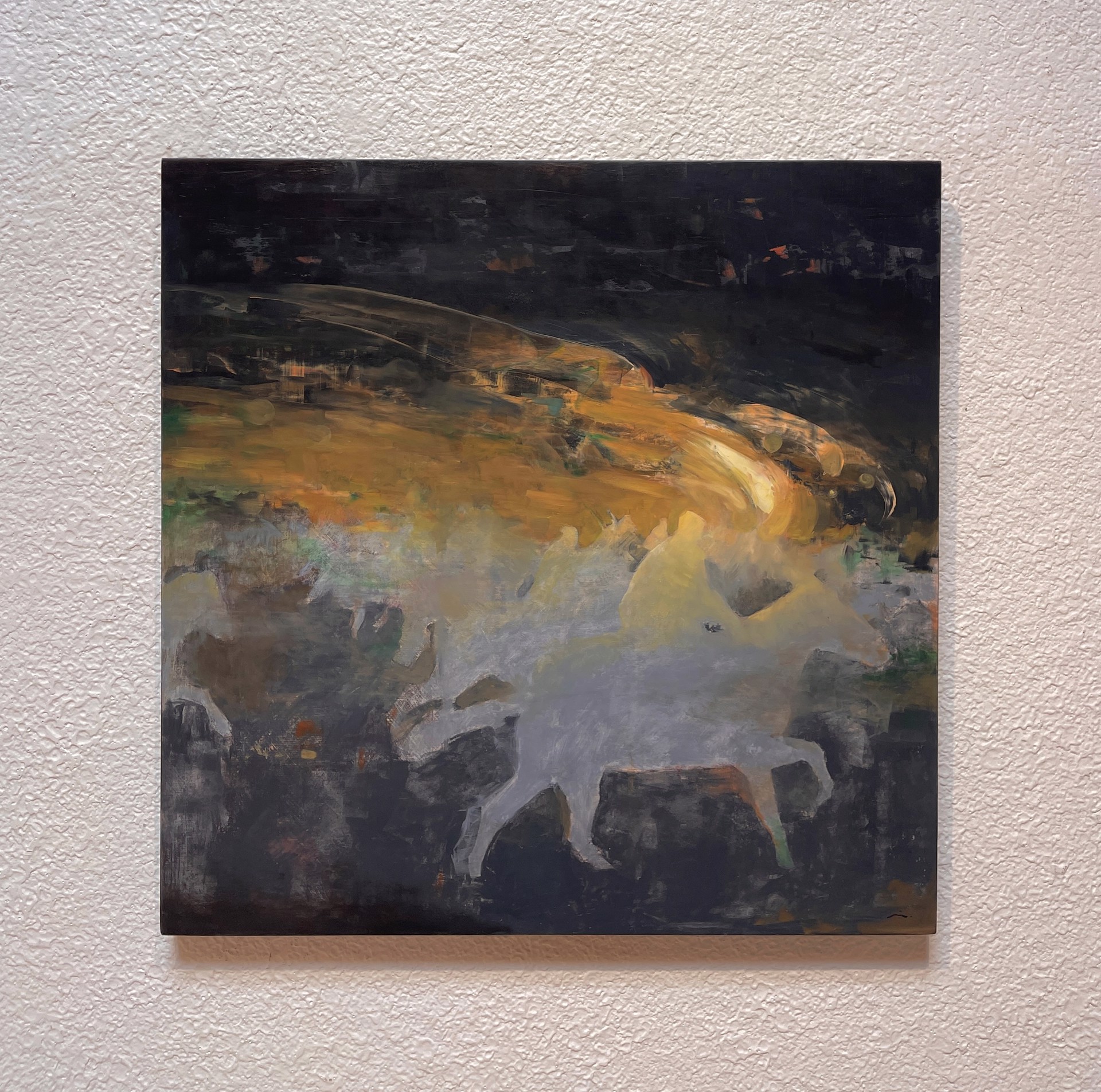 A painting of a horse running through a field of grass.
