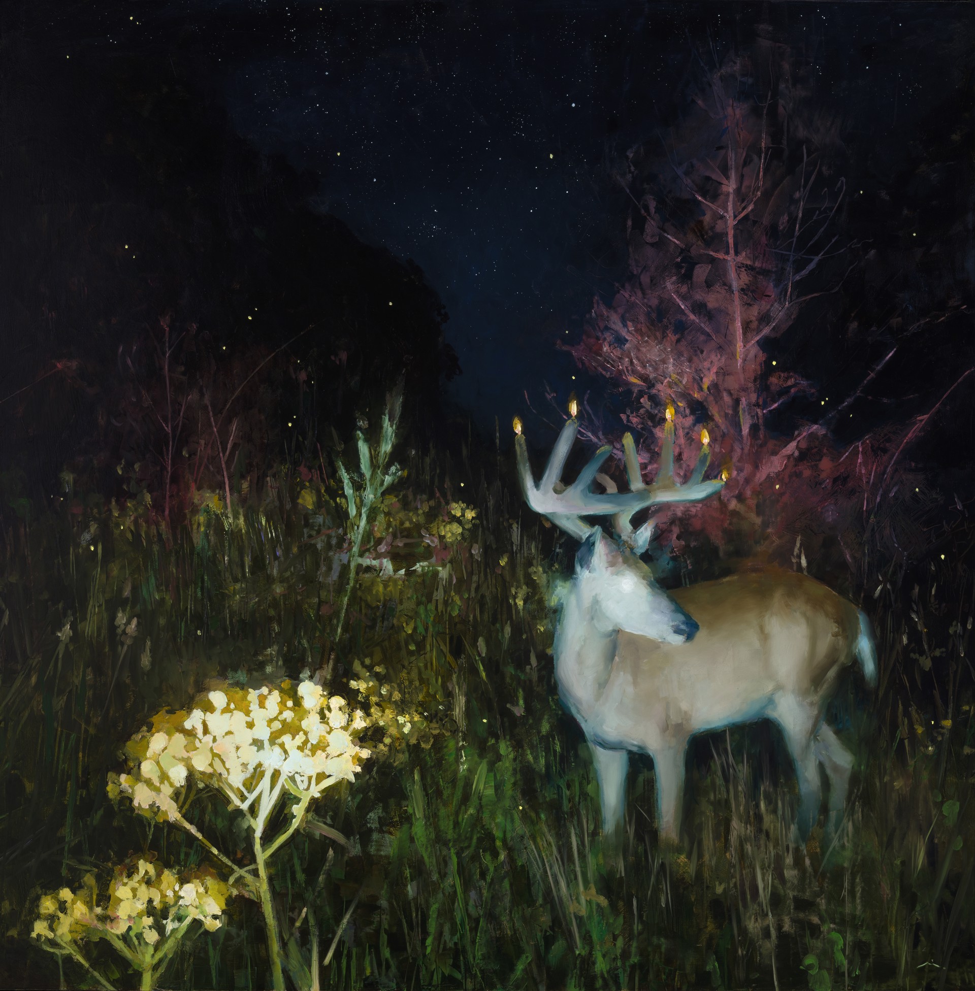 A painting of a deer standing in a field of flowers.