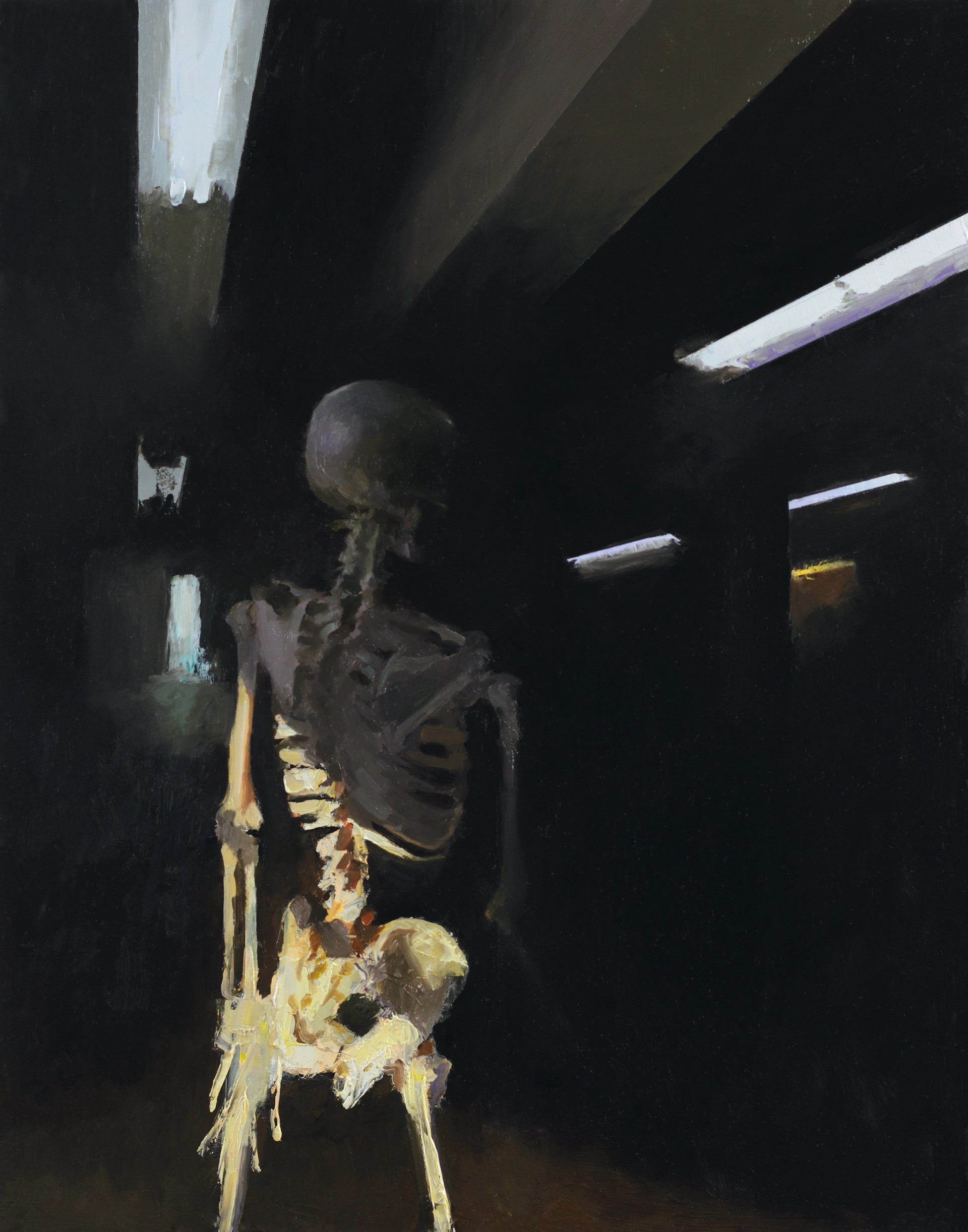 A painting of a skeleton sitting on a chair in a dark room.