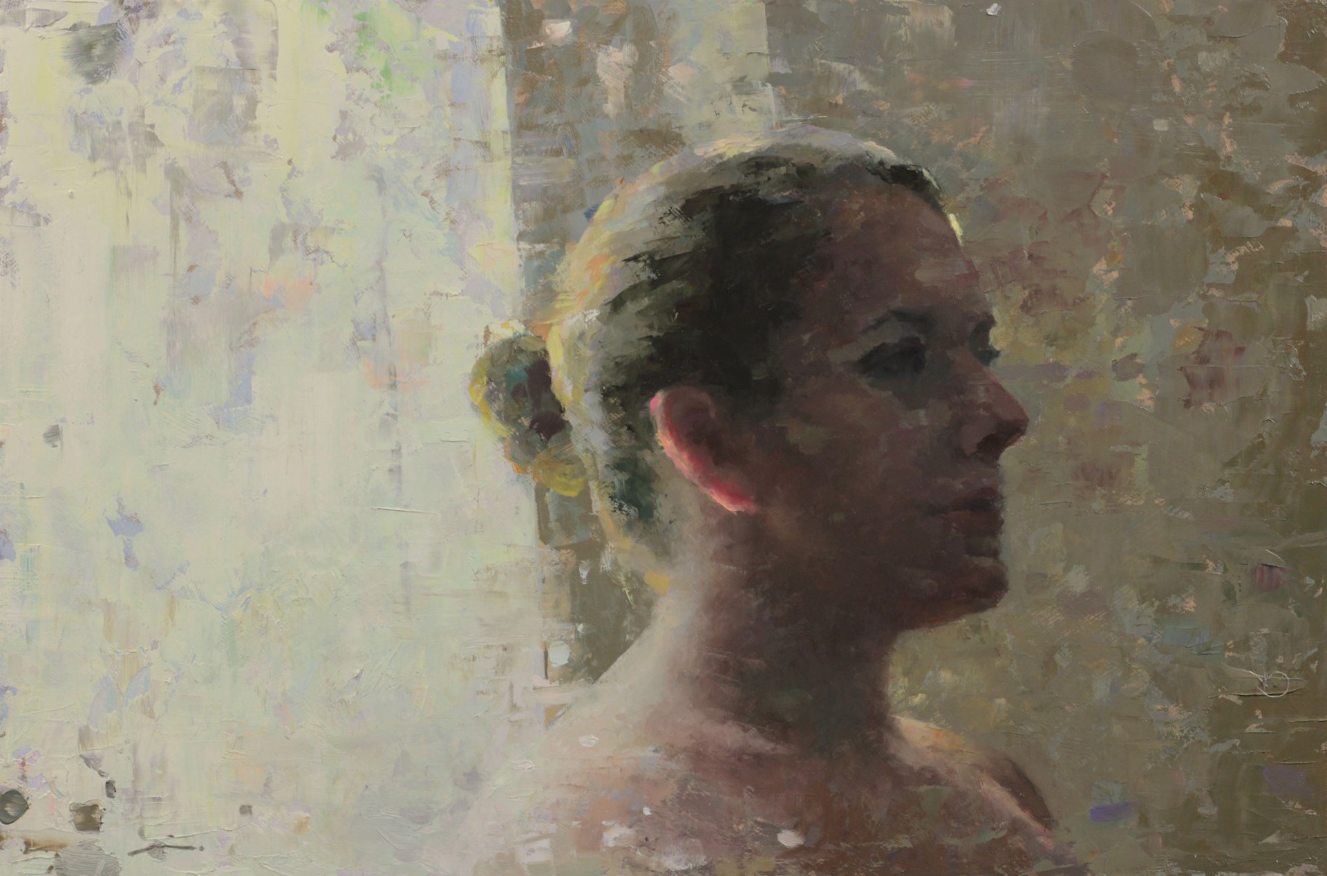 A painting of a woman's face in front of a window.