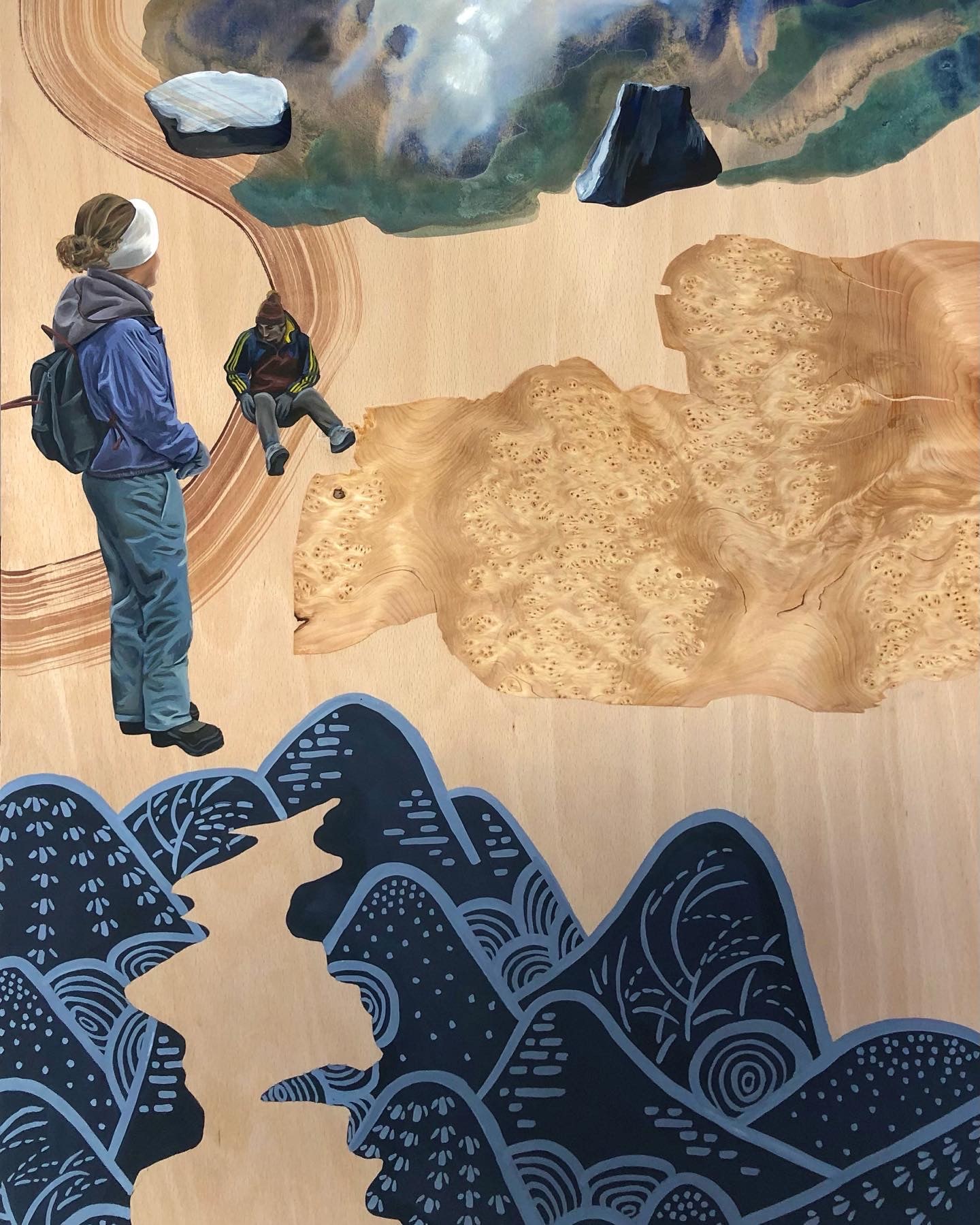 A painting of a person standing on top of a mountain.