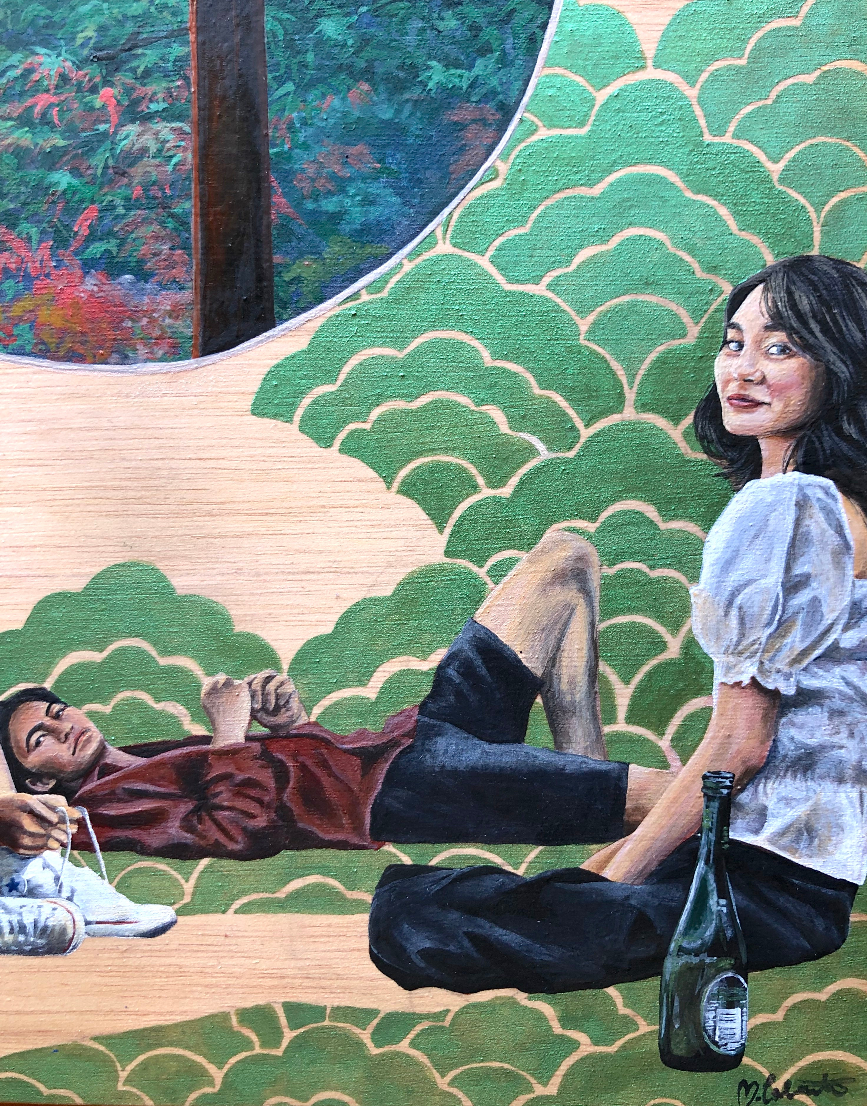 A painting of a man and woman sitting on the ground in front of a window.