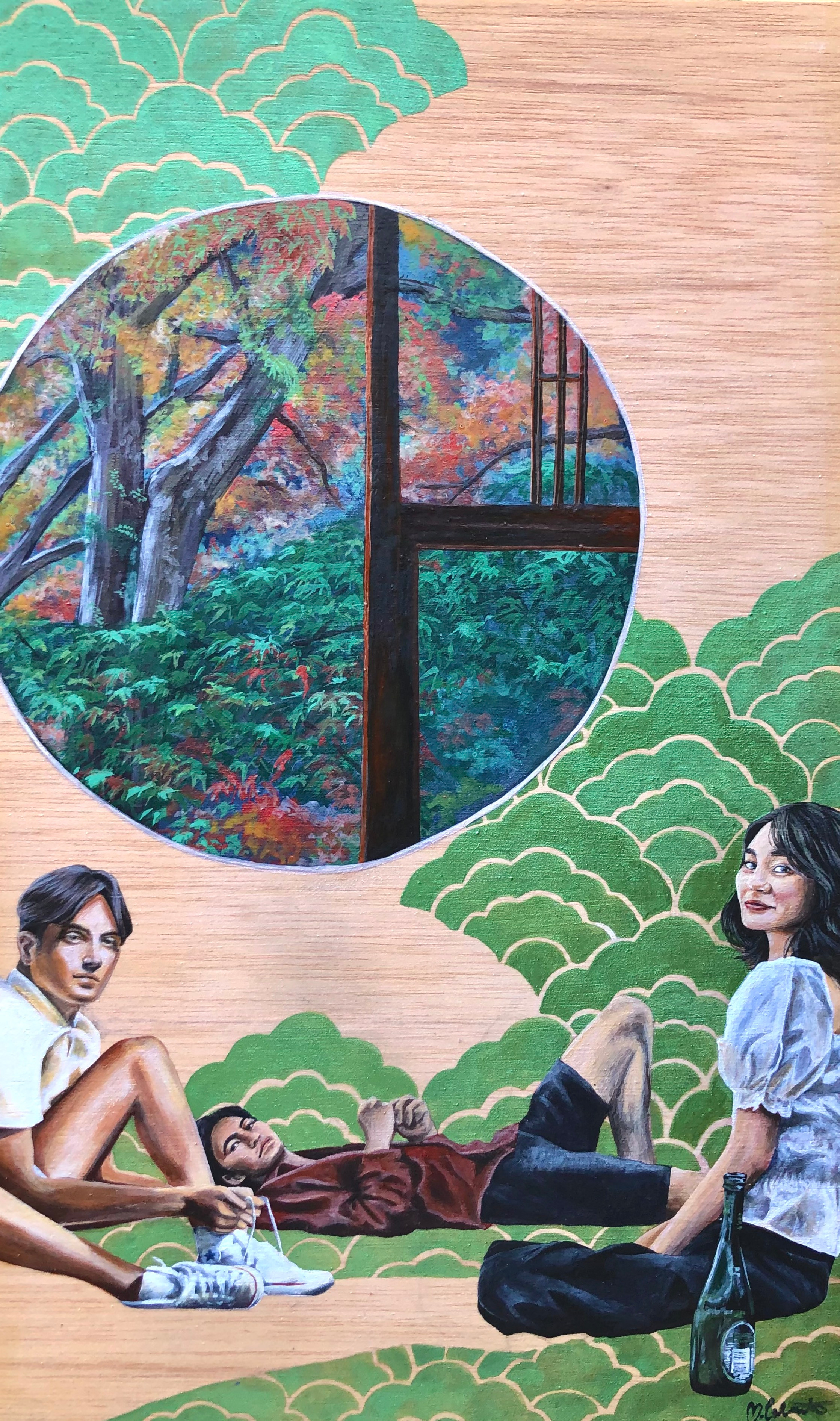 A painting of a man and woman sitting on the ground in front of a window.
