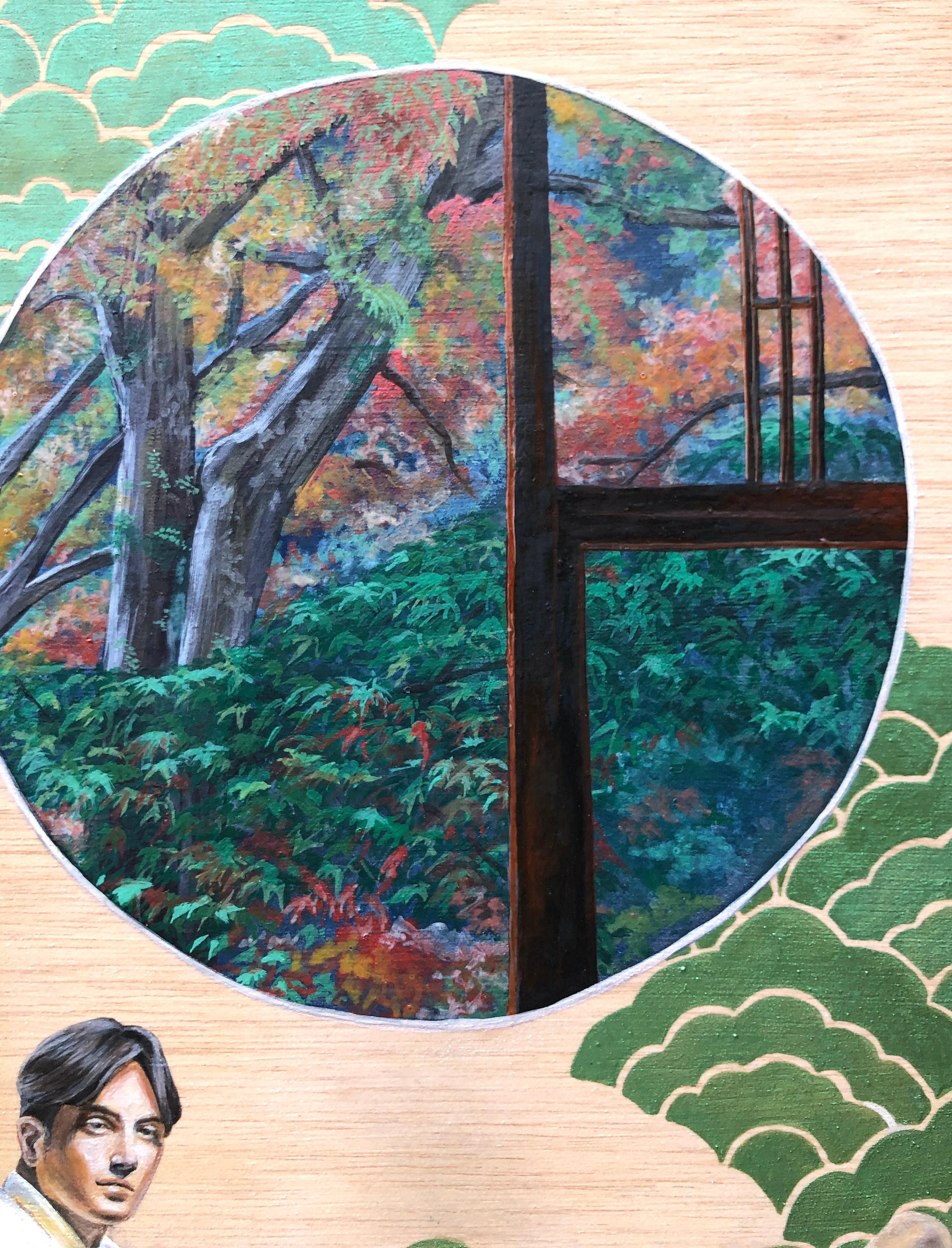 A painting of a man and woman sitting on the ground in front of a window.