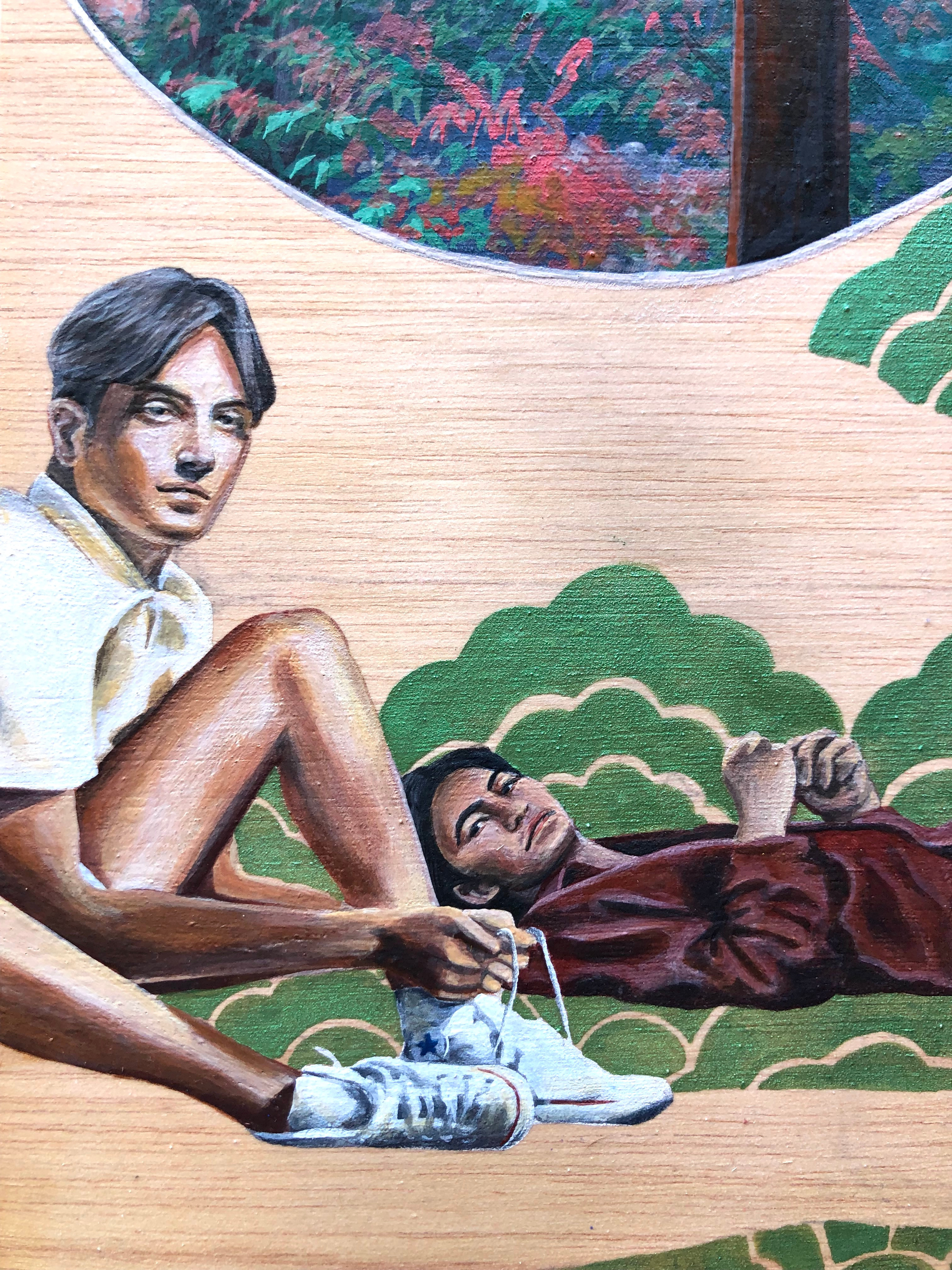 A painting of a man and woman sitting on the ground in front of a window.