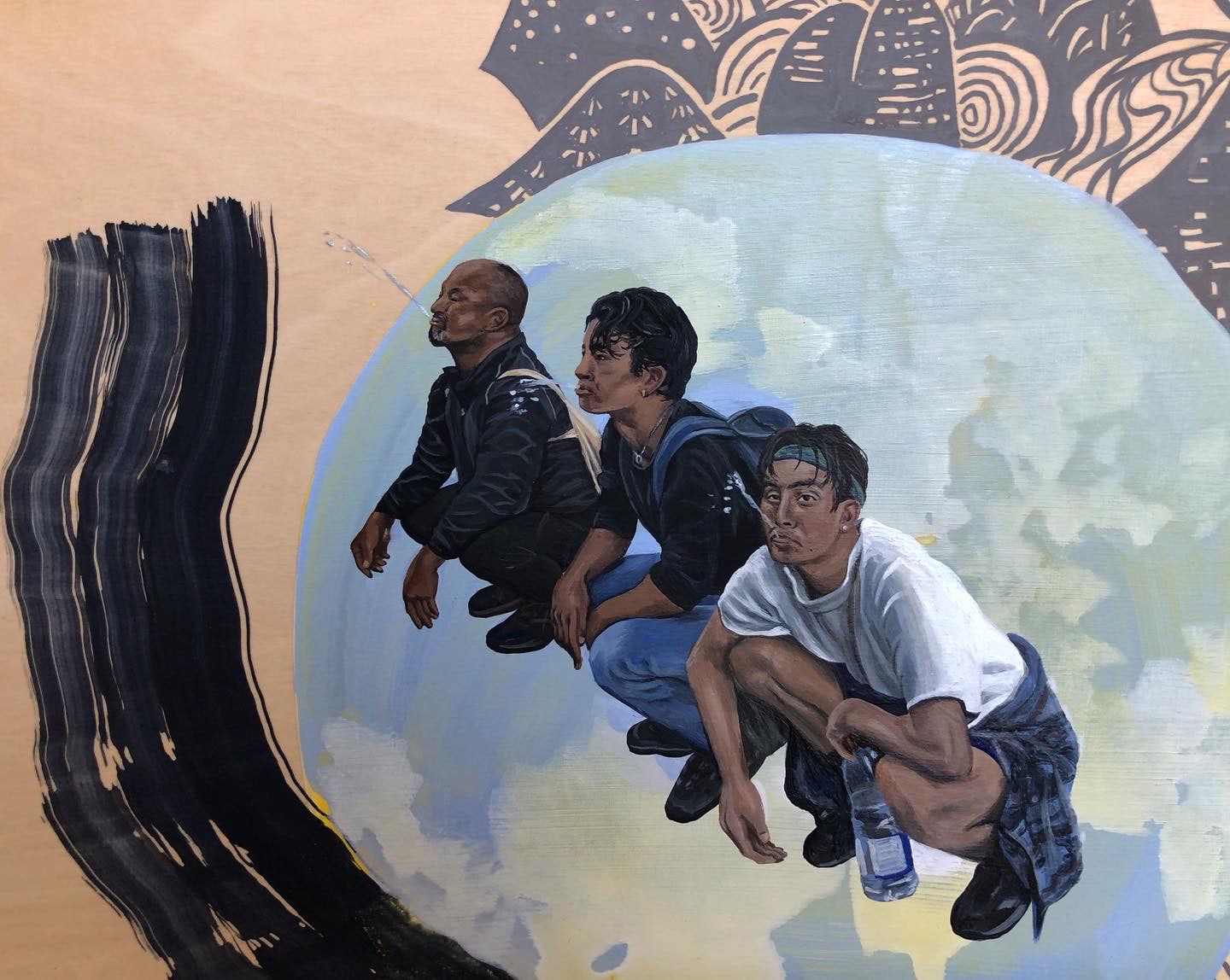 A painting of three men sitting on top of a mountain.