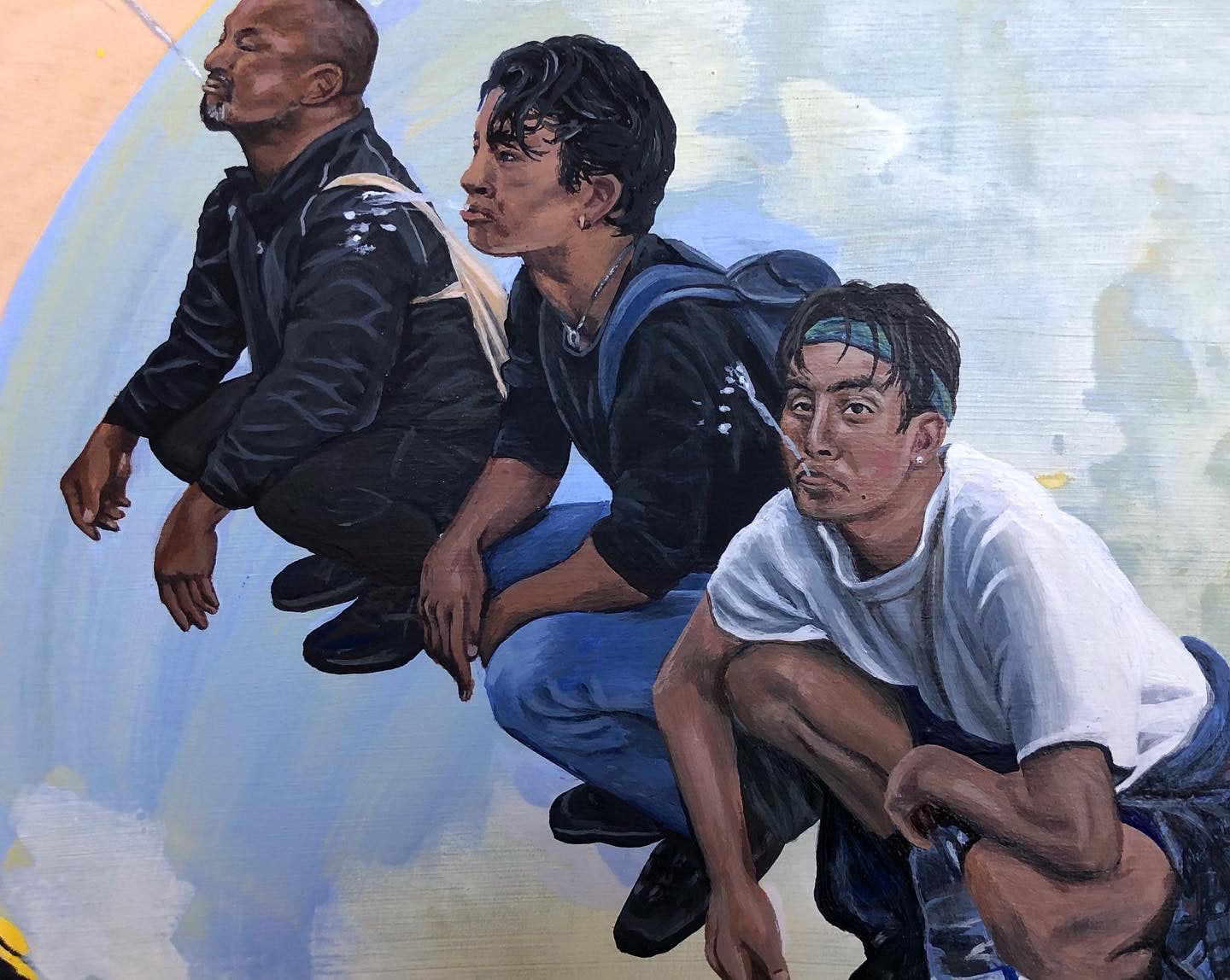 A painting of three men sitting on top of a mountain.