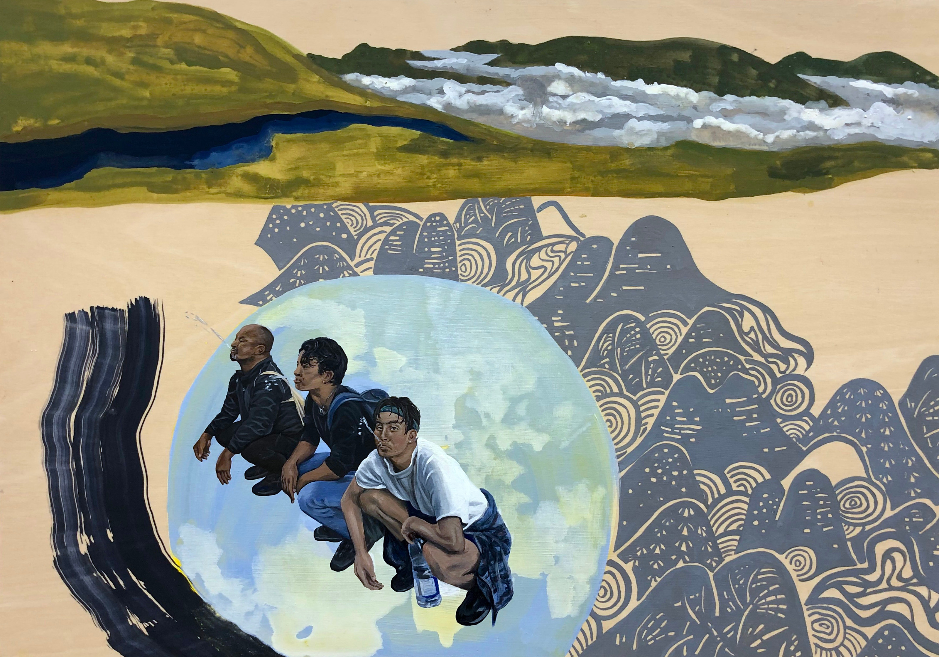 A painting of three men sitting on top of a mountain.