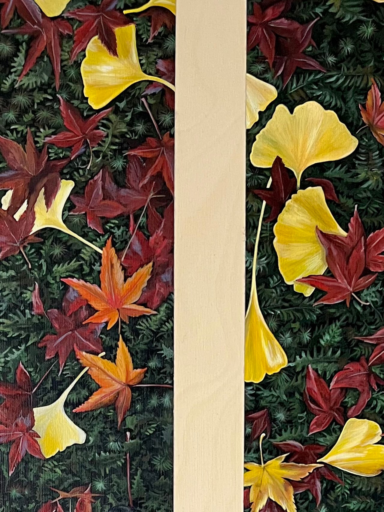 Artwork by Mia Takemoto, Gingko and Maple, Made of Tempera on wood 