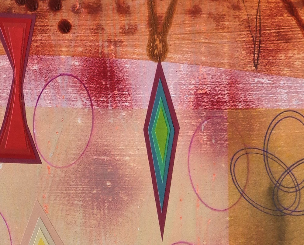 A painting on a piece of paper with various shapes and colors.