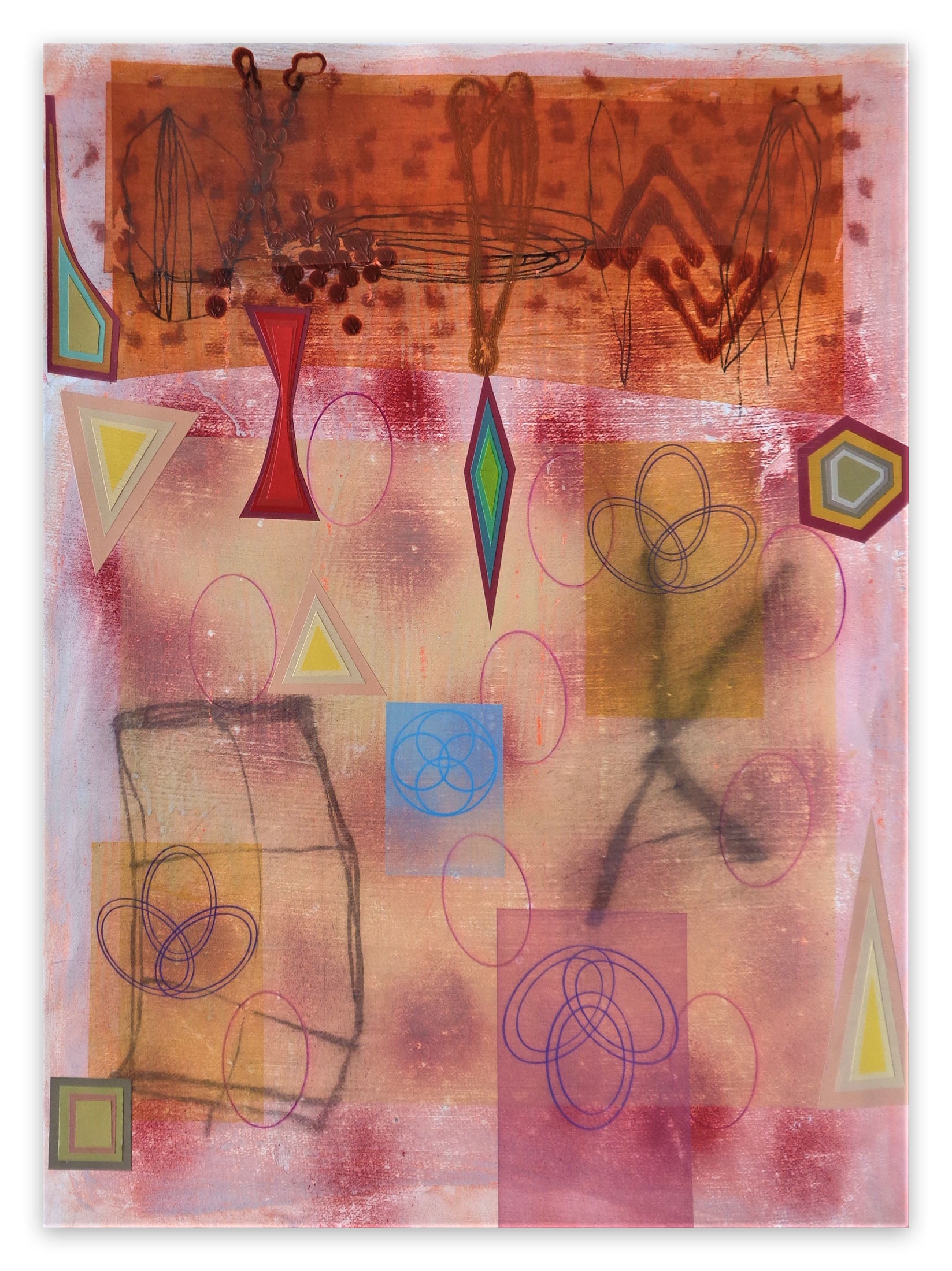 A painting on a piece of paper with various shapes and colors.