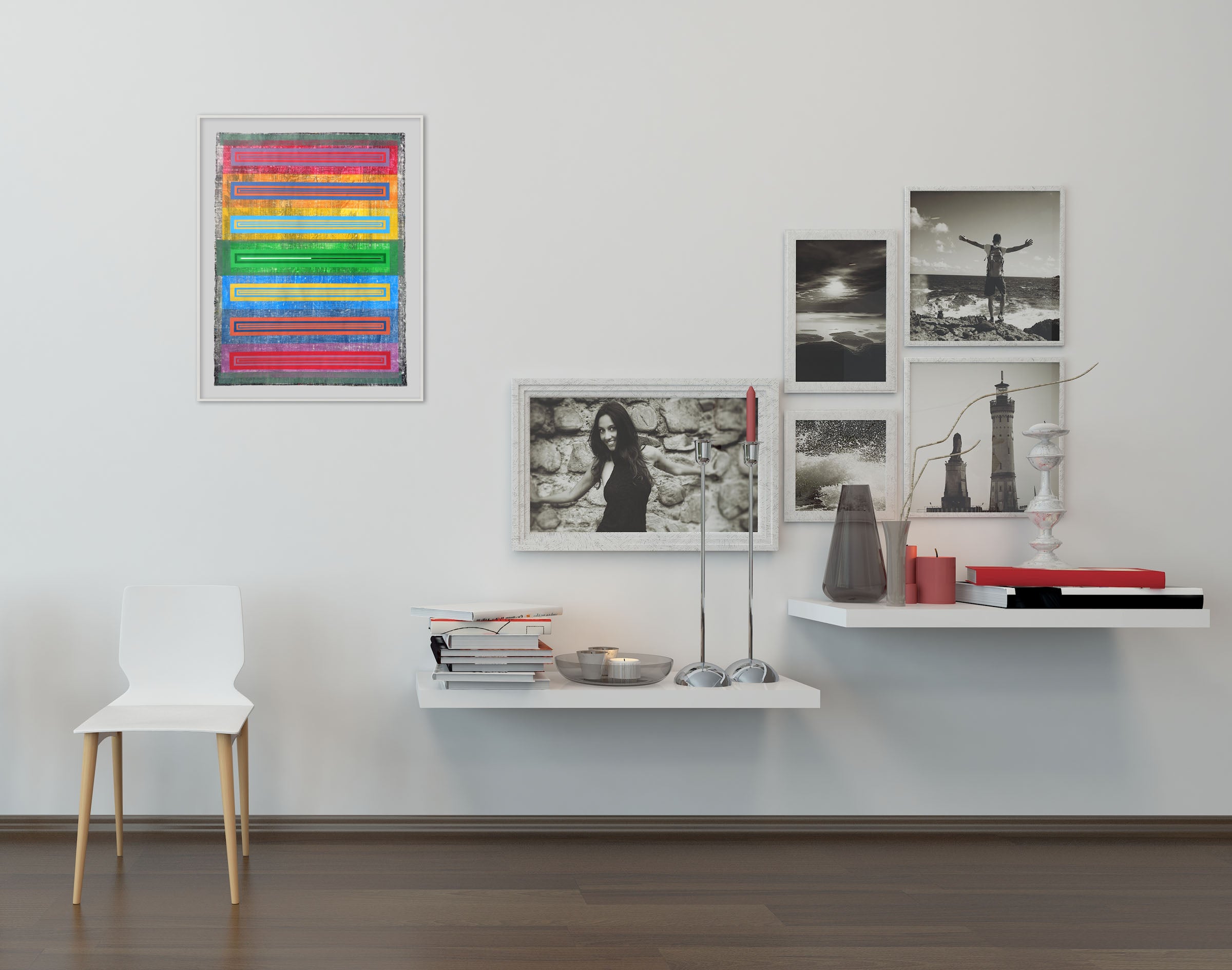 A colorful painting on a white wall with a white background.