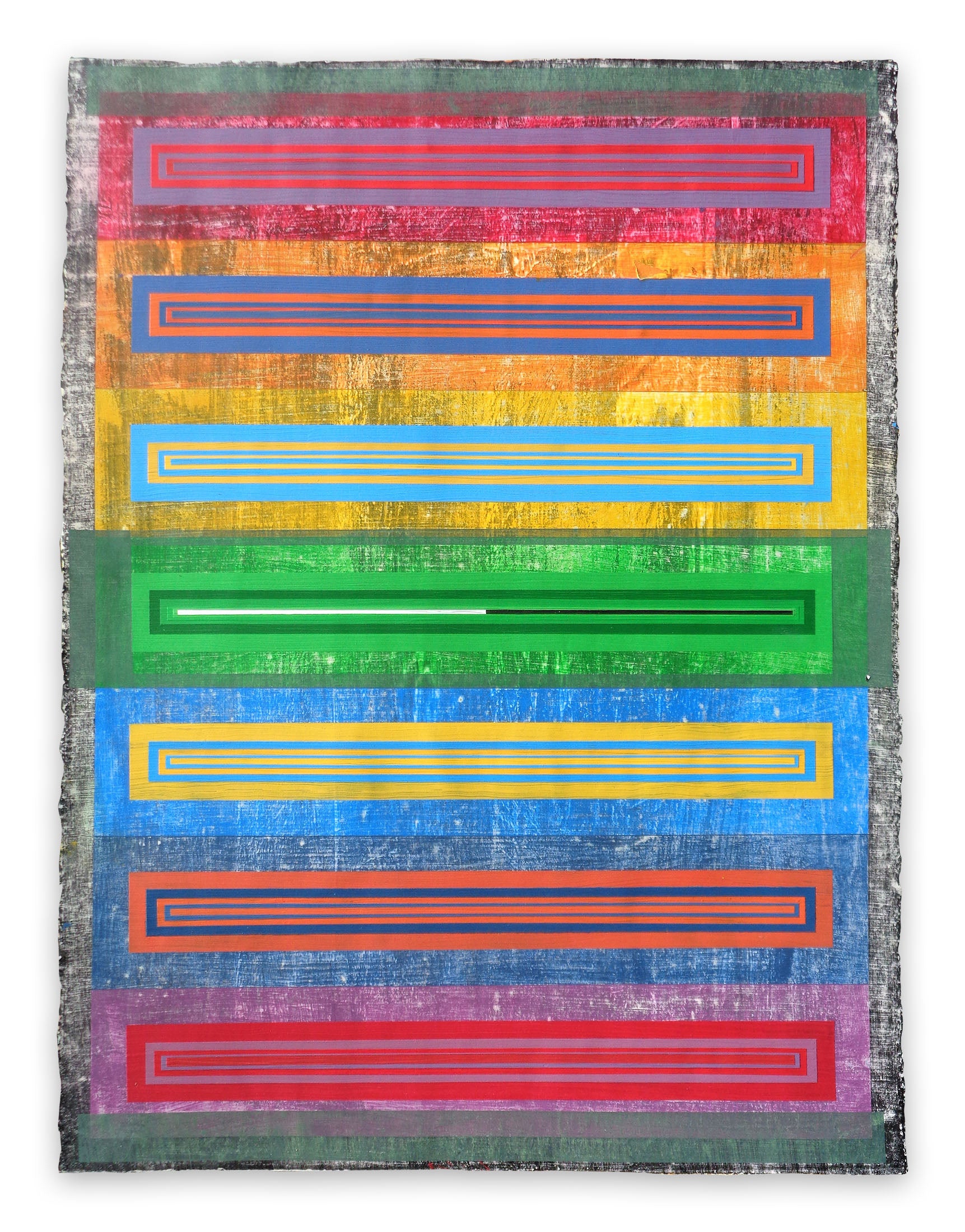 A colorful painting on a white wall with a white background.