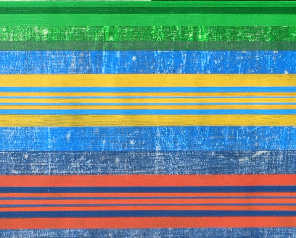 A colorful painting on a white wall with a white background.