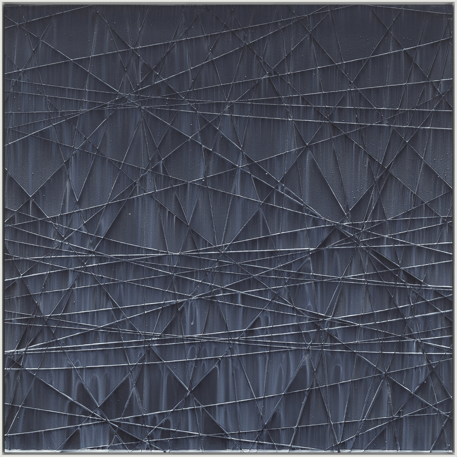 A textured abstract composition featuring a dark blue background with a network of white intersecting lines.