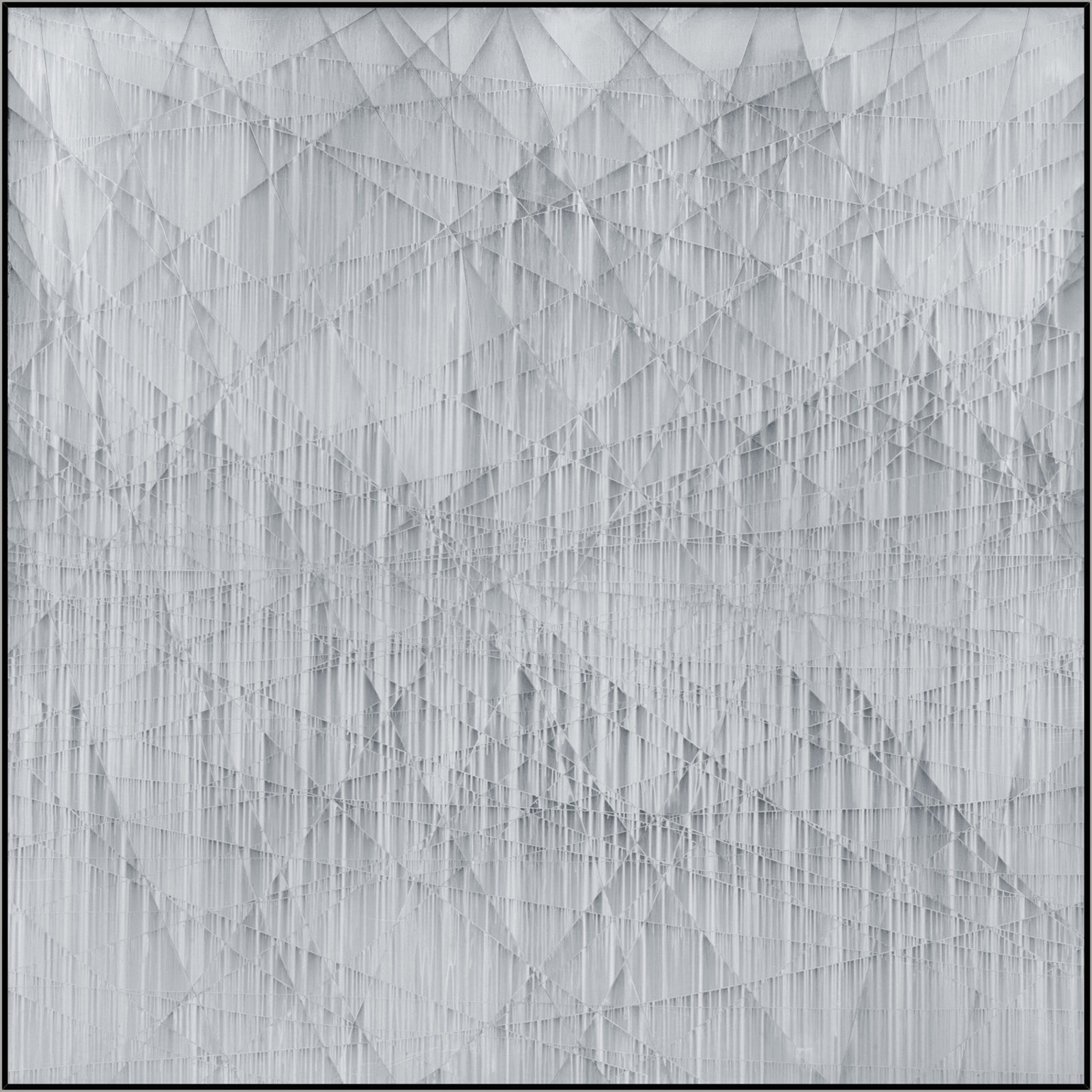 A monochromatic abstract composition featuring a complex geometric grid overlaid with vertical striations.