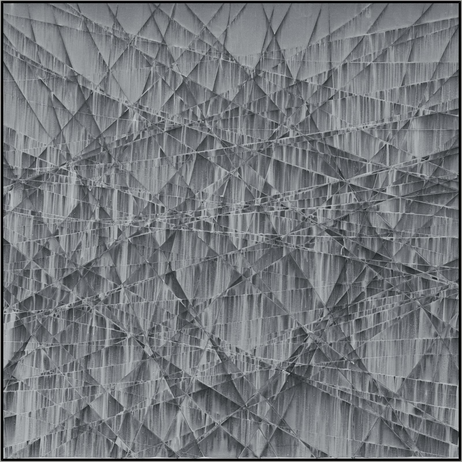 A monochromatic abstract composition featuring a complex geometric grid overlaid with vertical striations.