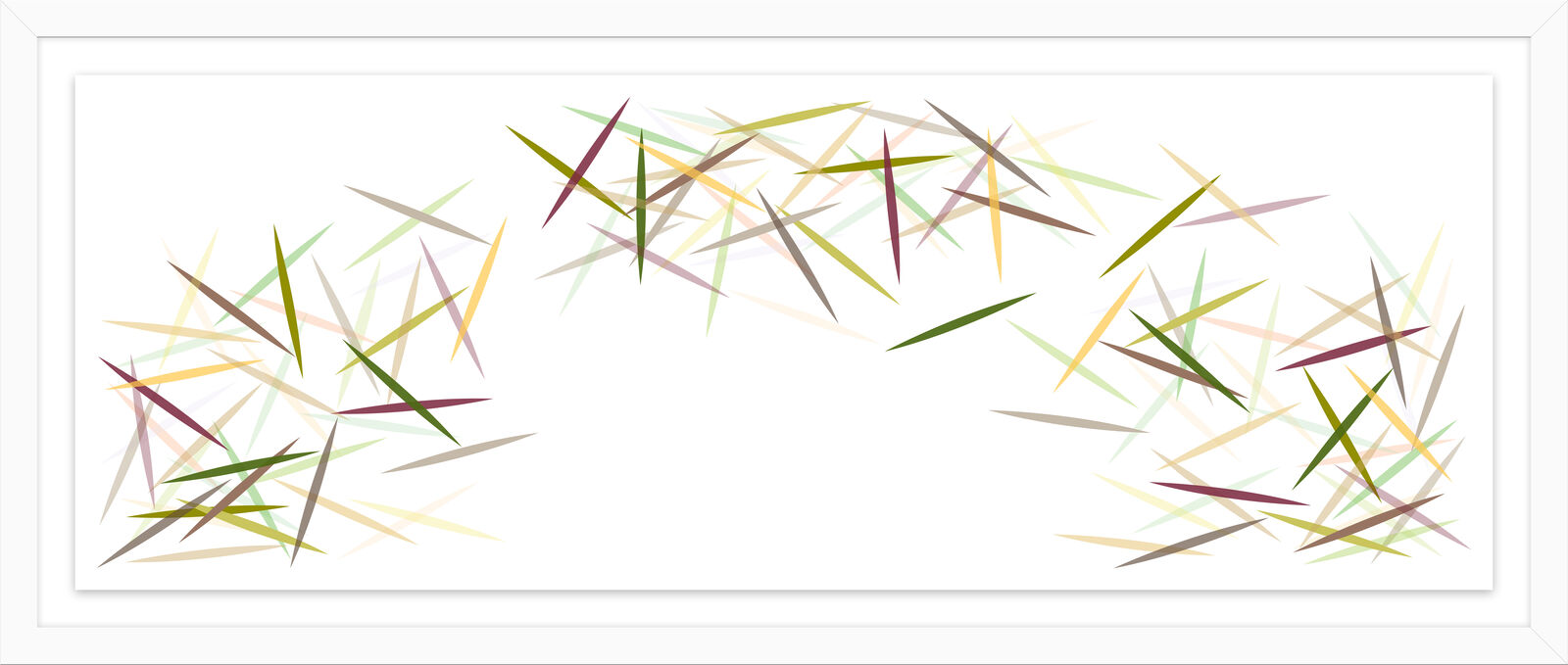 A minimalist abstract composition featuring a scattered cluster of thin, colorful lines forming an arch.