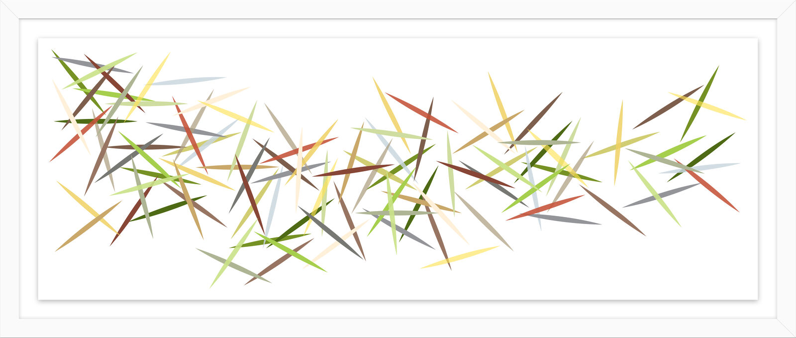 A minimalist abstract composition of intersecting colored lines on a white background.