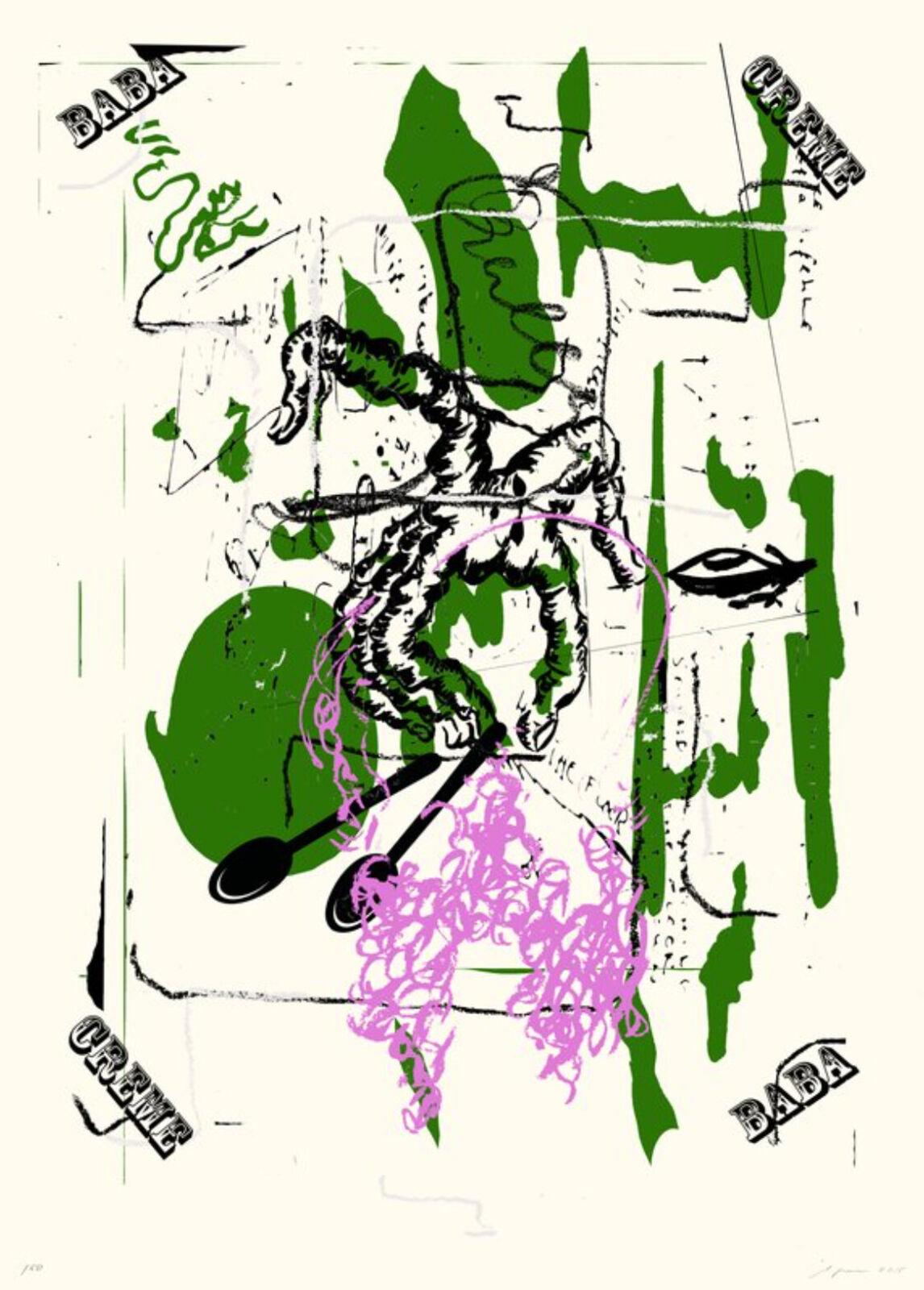 A green and pink drawing of a spider on a white background.