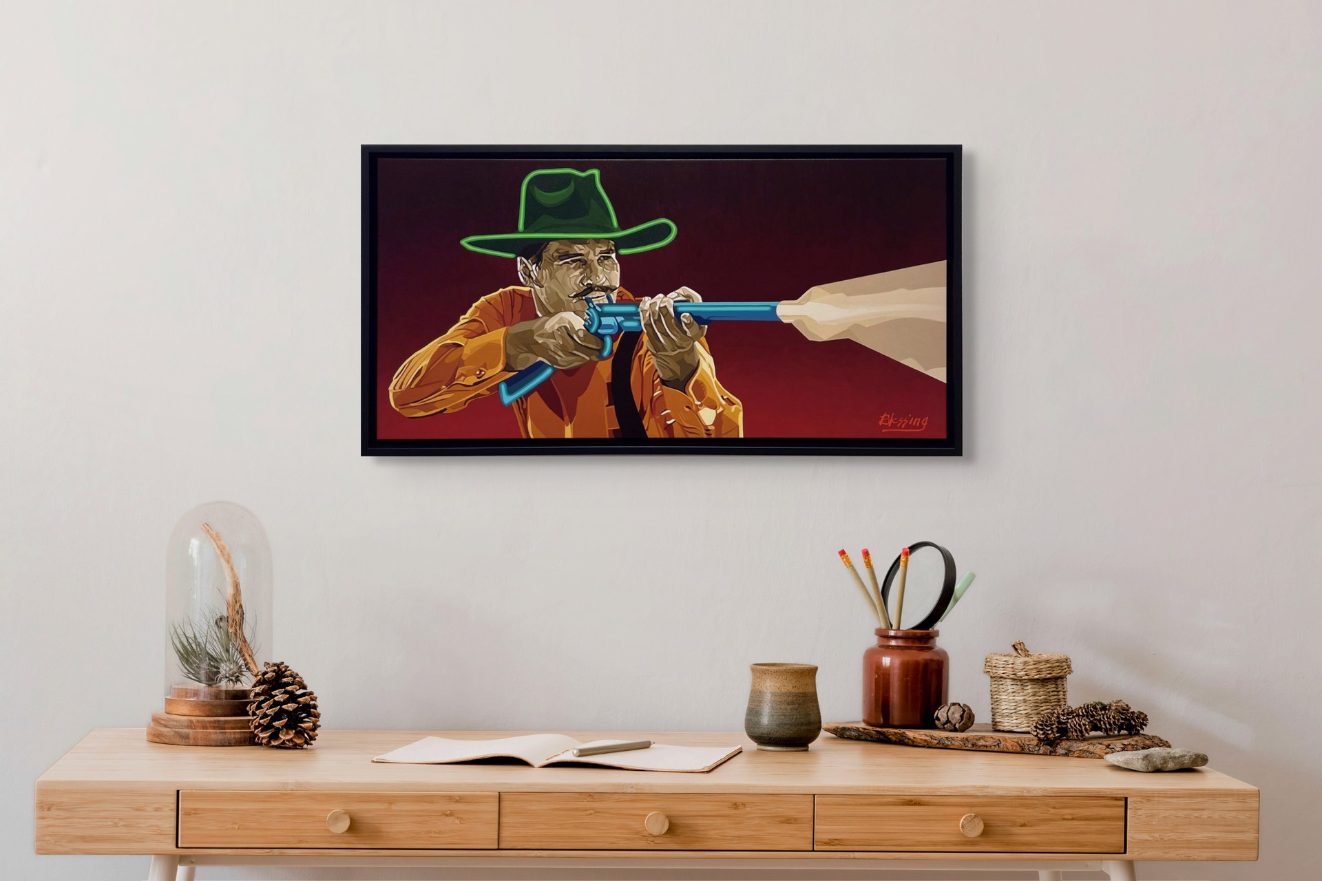 A stylized portrait of a figure in a cowboy hat aiming a blue revolver at an unseen target.