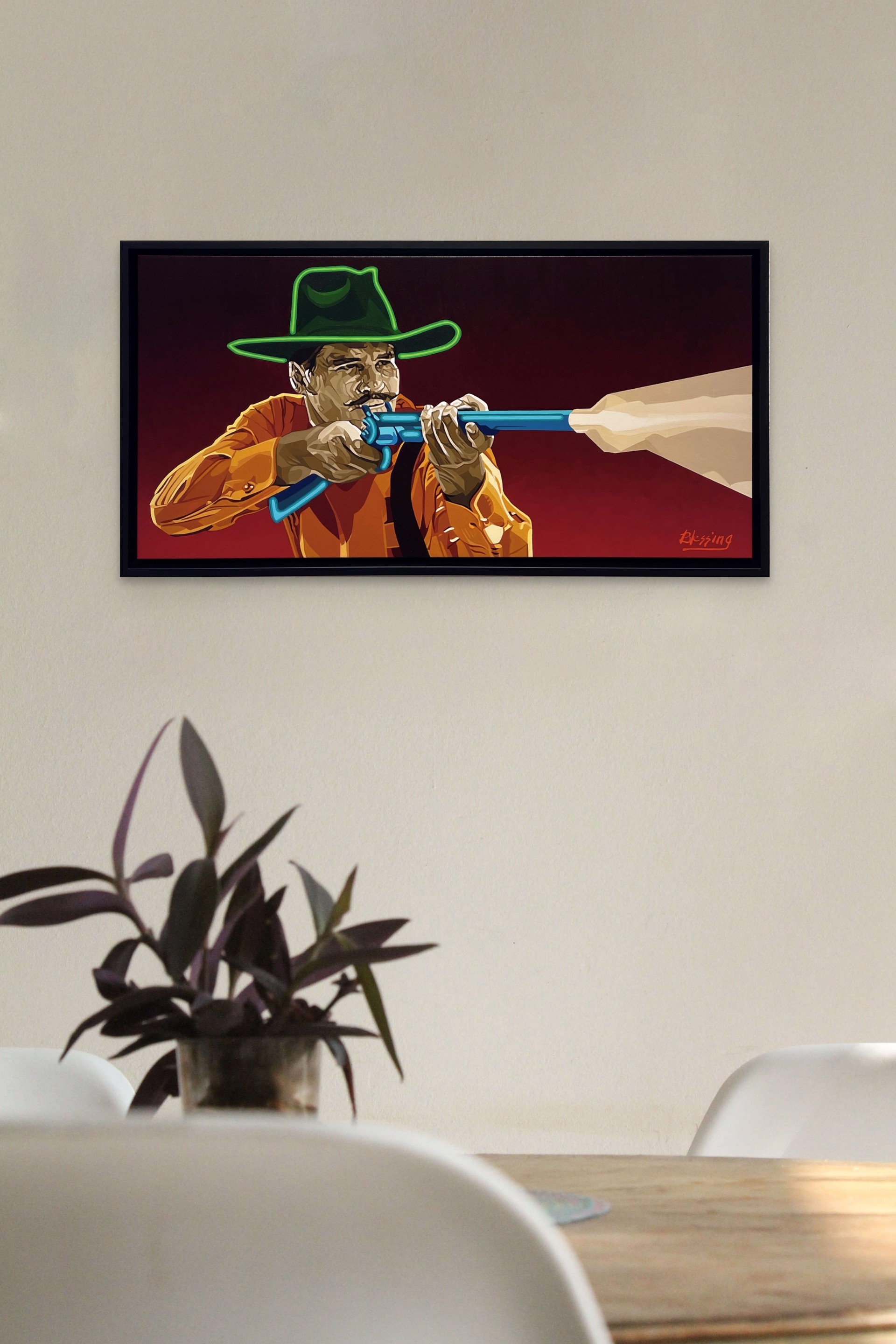 A stylized portrait of a figure in a cowboy hat aiming a blue revolver at an unseen target.