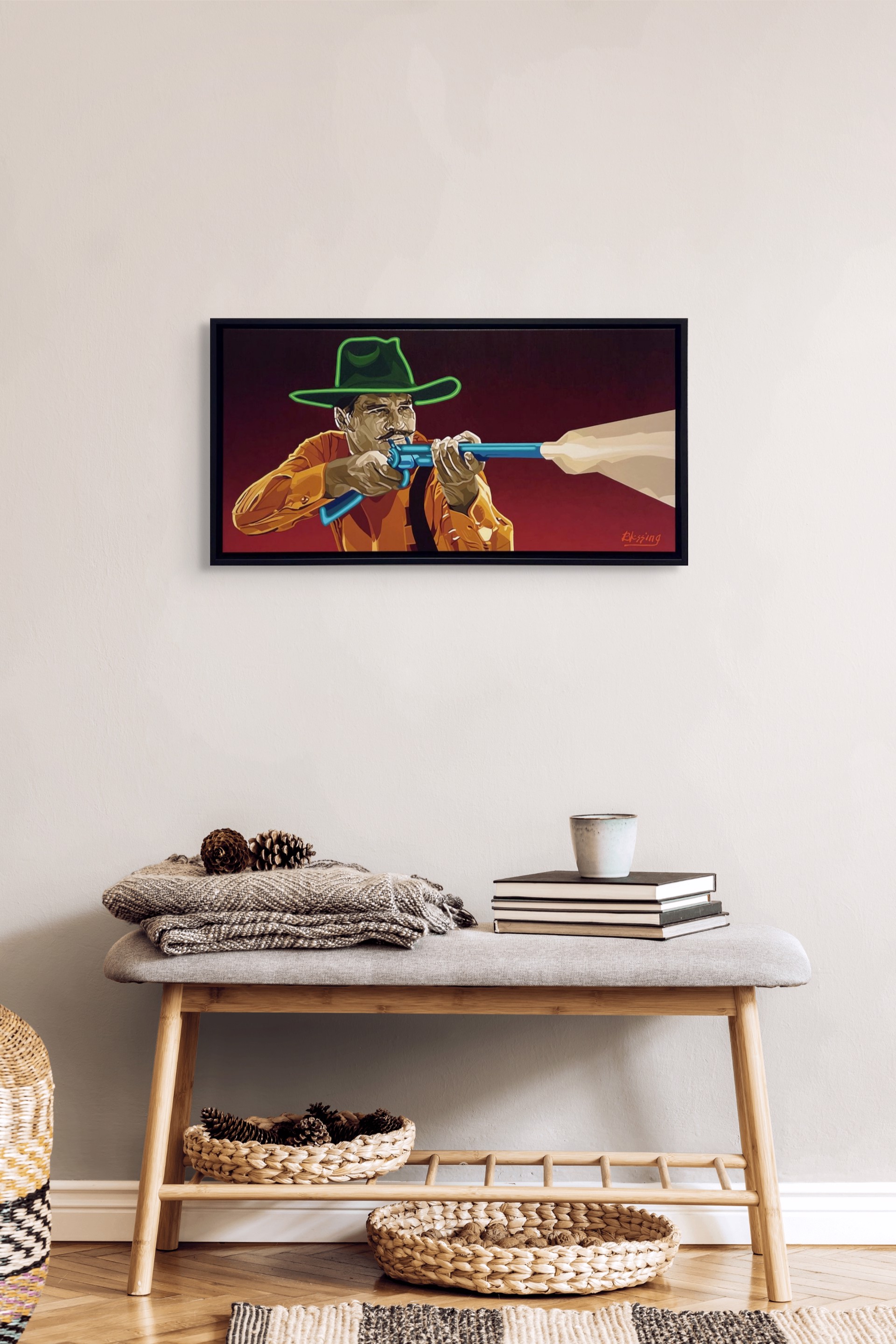 A stylized portrait of a figure in a cowboy hat aiming a blue revolver at an unseen target.