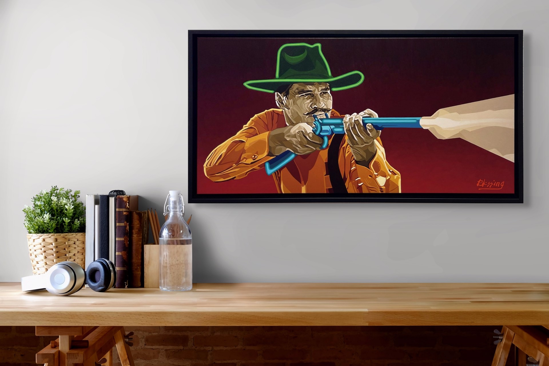 A stylized portrait of a figure in a cowboy hat aiming a blue revolver at an unseen target.