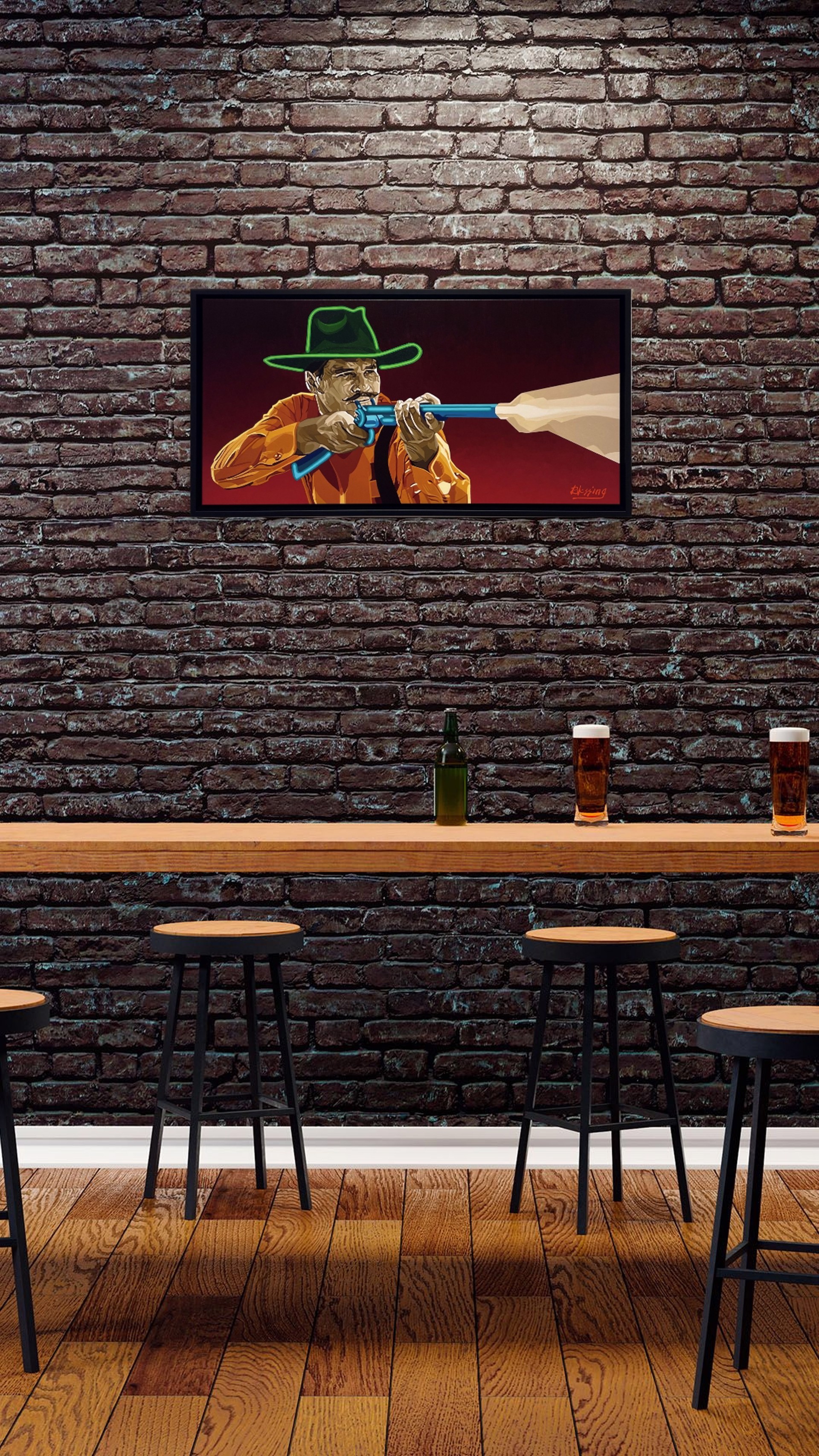 A stylized portrait of a figure in a cowboy hat aiming a blue revolver at an unseen target.